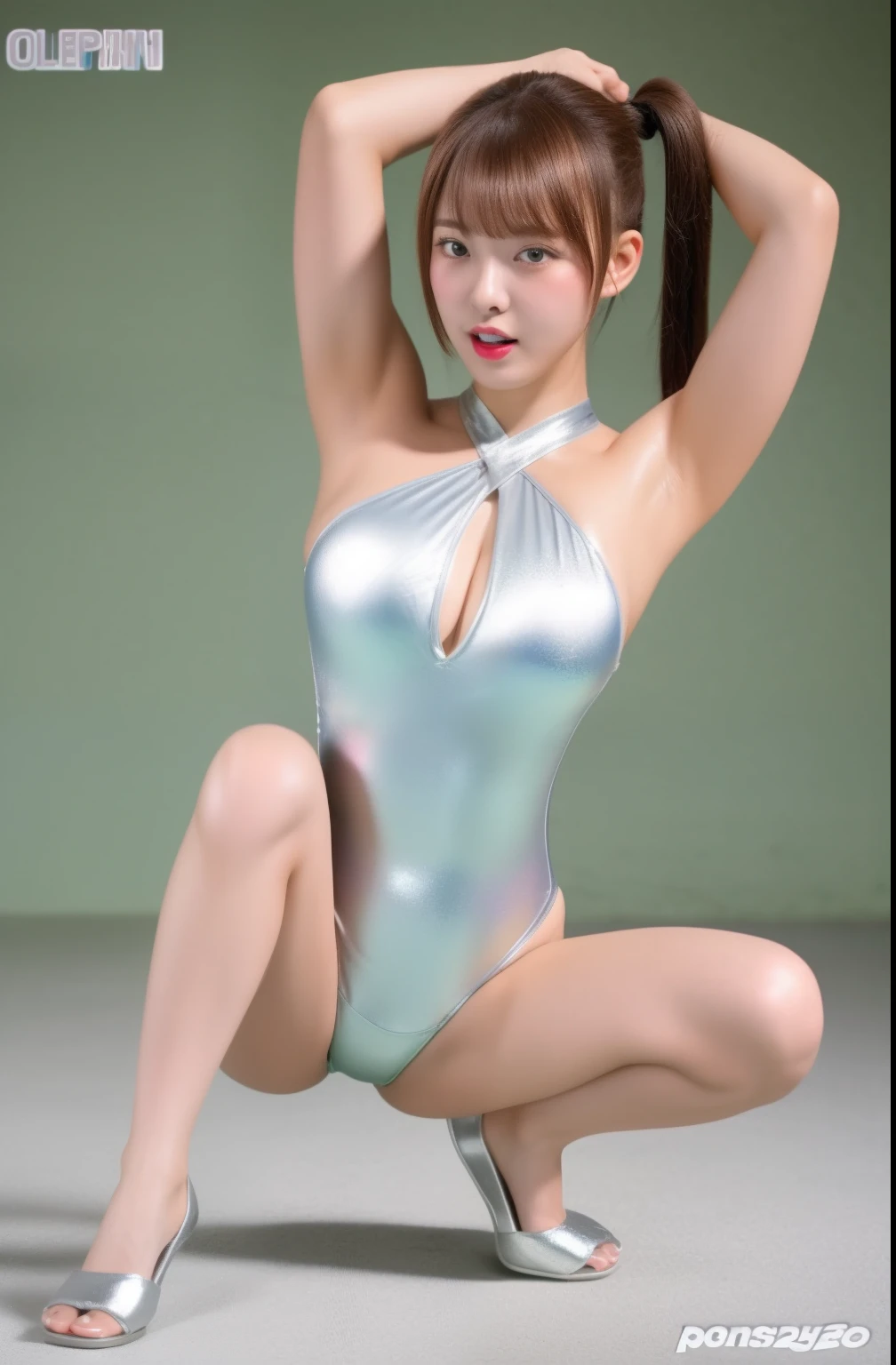 16 K, Arms behind your head, ((Opening legs)), ​masterpiece, Silver Lame Makeover Swimsuit, ((Wearing erotic)), 18 year old Chinese woman, Wide waist, ((Opening legs)), (Sloppily open your mouth), sweaty and shiny skin, Brown hair, poneyTail, Watch Viewer, full body Esbian, perfect bodies
