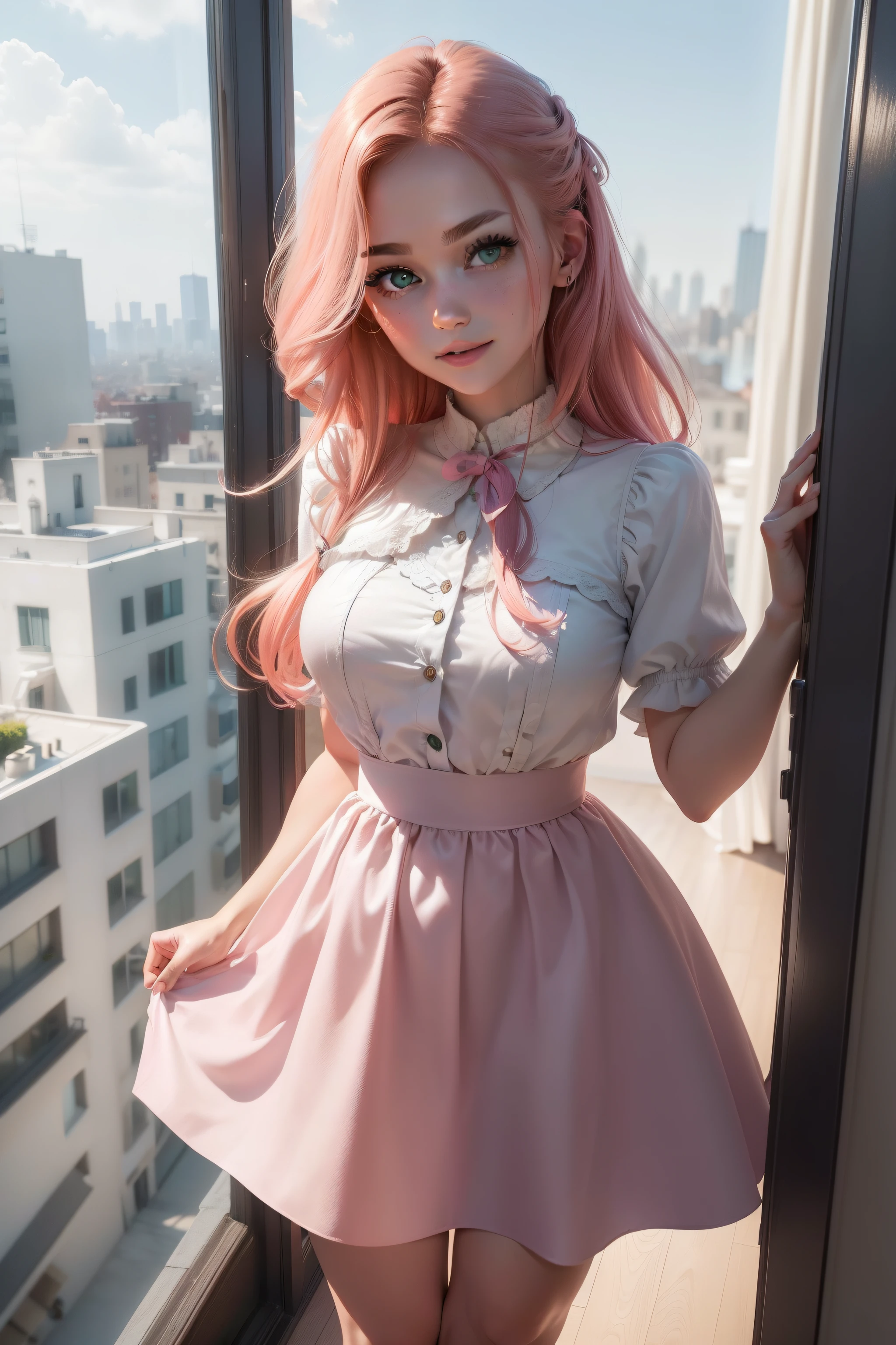 ((Best picture quality, 8K, tmasterpiece: 1.3)), self-shot, Sharp focus: 1.2, A cute beauty with a perfect figure: 1.4, Slim, ((hazel hair )) , (pink cute dress ,pleatedskirt,Highly detailed face,Happy expression,standing on your feet:1.2),((The city of blue skies,simple bedrooms:1.3. Produced with a major focus on women)),Highly detailed facial and skin texture,Detailed eyes,Green eyes Double eyelids