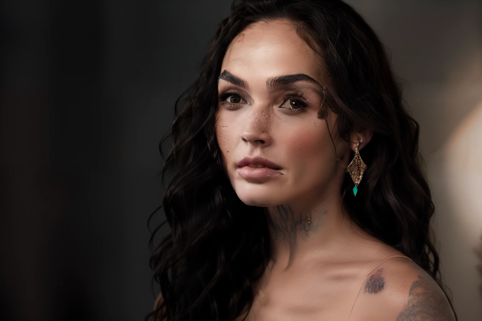 arafed woman with long dark hair and earrings posing for a picture, megan fox portrait, portrait of megan fox, still of megan fox, megan fox colorful portrait, megan fox as beautiful mountains, megan fox with heavy eye makeup, “megan fox, lips of megan fox, portrait of megan fox as demon, soft portrait shot 8 k, megan fox