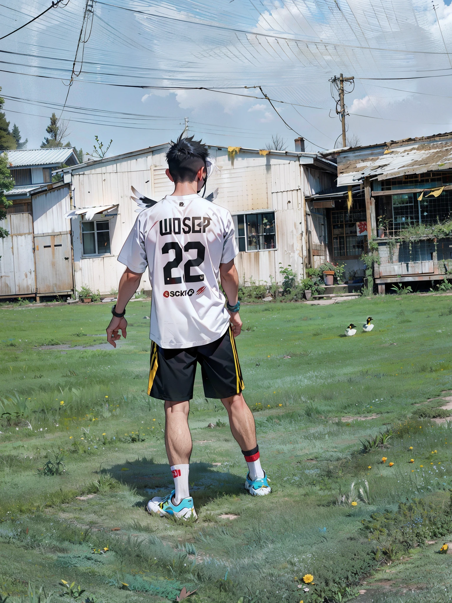 A boy, duck hybrid, messy long white hair, with yellow locks, confused expression, white shirt and shorts, duck feathers and ducktail