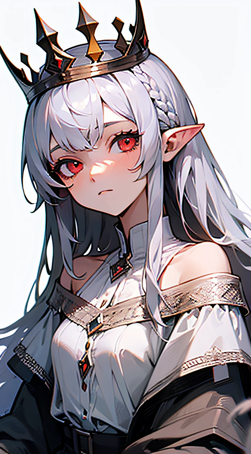 Best quality, highly detailed, masterpiece, ultra detailed, (reality: 1.2), 1 girl, (white background), simple background, delicate eyes, silver hair, red eyes, hair_ornament, (white off-the-shoulder shirt: 1.3), long hair, pointy_ears, crown_braid, expressionless, straight hair, (++ sitting: 1.2), room,princess