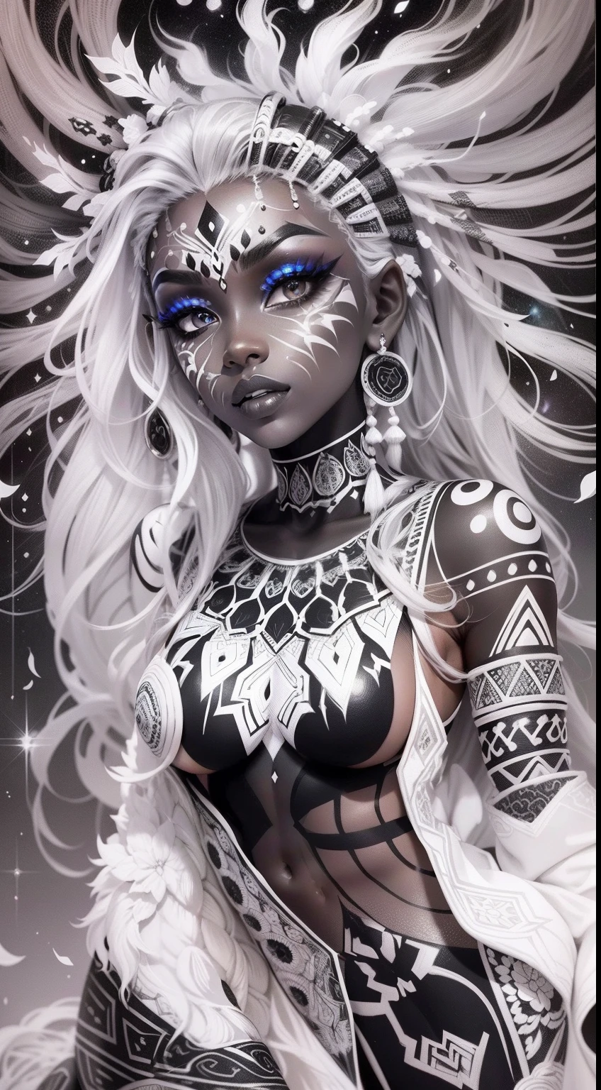 colouring book page, black and white, 32k, full body view, very beautiful tribal brown skin girl with excessive intricately detailed vivdly black and white facepaint bodypaint makeup, stunning radiant eyes, gorgeous white hair with highlights, magical night sky background