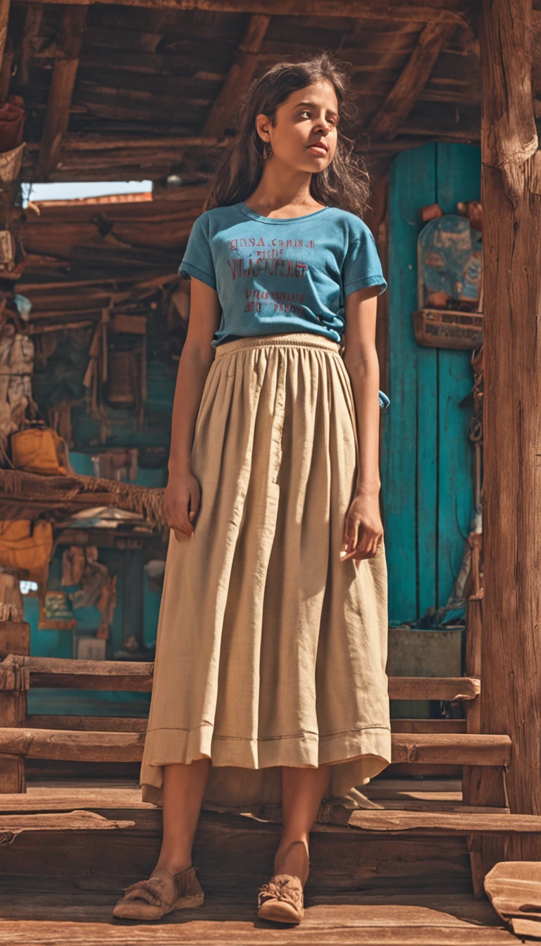 Hermosa joven morena con rulos, argentina, Standing on stage at a folk recital, Llevar una remera sin mangas con tirantes con el texto "Folclore Anuritay" impreso, Clothes in rustic colors, vaqueros, hipy, in front of camera, realista, Detalles de gran intrincado, (obra maestra ), 32K