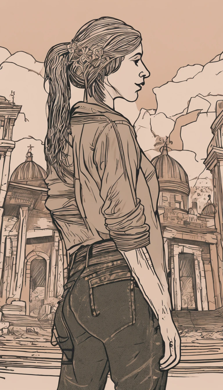 Hermosa joven morena con rulos, argentina, Standing on stage at a folk recital, Llevar una remera sin mangas con tirantes con el texto "Folclore Anuritay" impreso, Clothes in rustic colors, vaqueros, hipy, in front of camera, realista, Detalles de gran intrincado, (obra maestra ), 32K