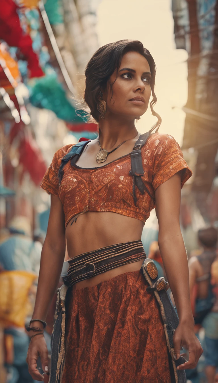 Hermosa joven morena con rulos, argentina, Standing on stage at a folk recital, Llevar una remera sin mangas con tirantes con el texto "Folclore Anuritay" impreso, Clothes in rustic colors, vaqueros, hipy, in front of camera, realista, Detalles de gran intrincado, (obra maestra ), 32K