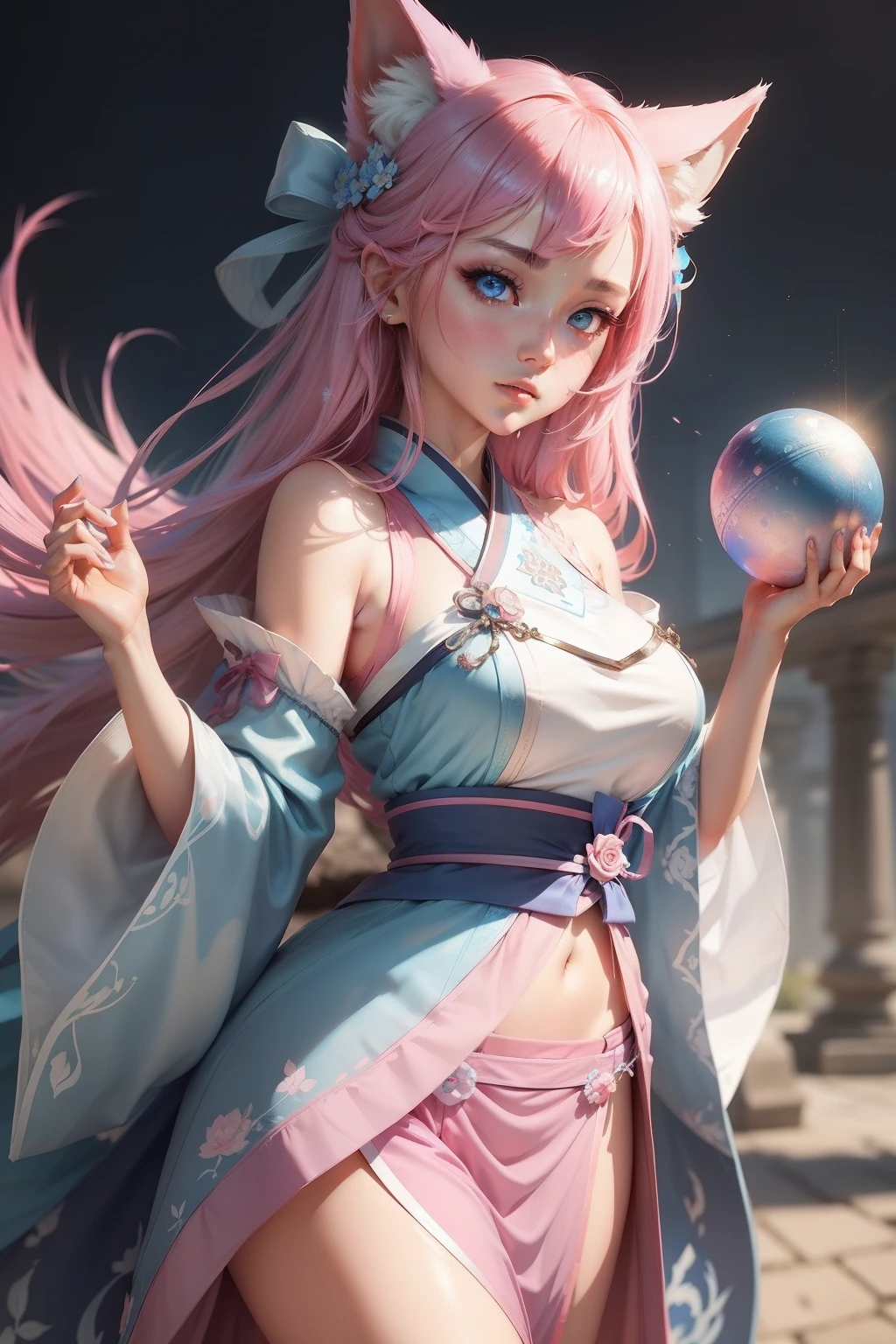  ((knee shot)),（masterpiece、best quality、high resolution），（Colorful background，（splash of color）），sweet girl，Light blue and white medium length hair，[light blue|pink]hair，long hair，purple eyes，shiny，红pink的嘴唇，The cracks are relatively large，splash of color，Volumetric lighting，plump breasts, elegant gesture, Sexy and slender