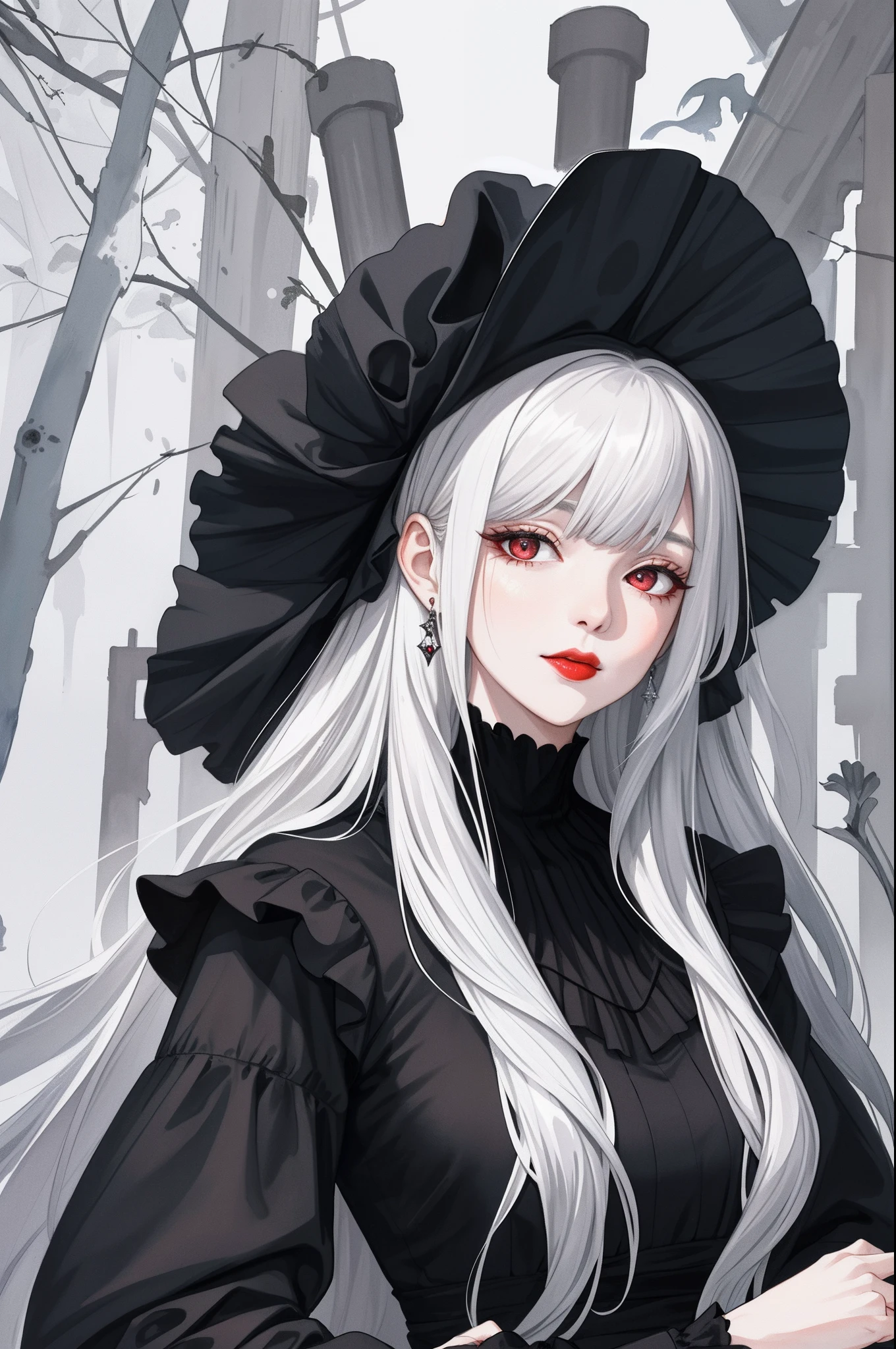 tmasterpiece，Need，1 woman，black long dress，ink and watercolor painting，Mature woman，Woman with silver white hair，hair over shoulders,Red lips，Expose out the tongue，Vampires，Blood dripped from the mouth，By bangs，assassins，Manteau blanc，detail in face，Correct proportions。The woman's face is very realistic(realistic female faces)，，The eyes seem to be full of aquatic color(watery red eyes)，Exudes an aura of mystery，Women wear elegant and elaborate clothing，