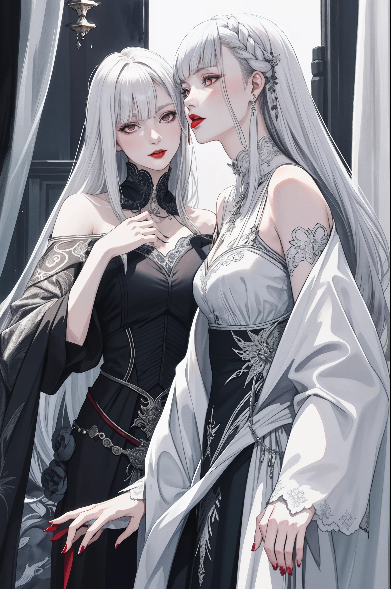 best quality, Ridiculous, Extremely detailed, 2.5D, delicate and dynamic, Beautiful woman, White hair tied up, Gorgeous black evening dress, Red Line, Shiny satin fabric, Lace, embroidery, robe, shawl, Accessories, Attractive appearance, Optimal body proportions, Gorgeous effect, Background Aristocratic Social Background, Silver-grey hair, Red Rose Eyes