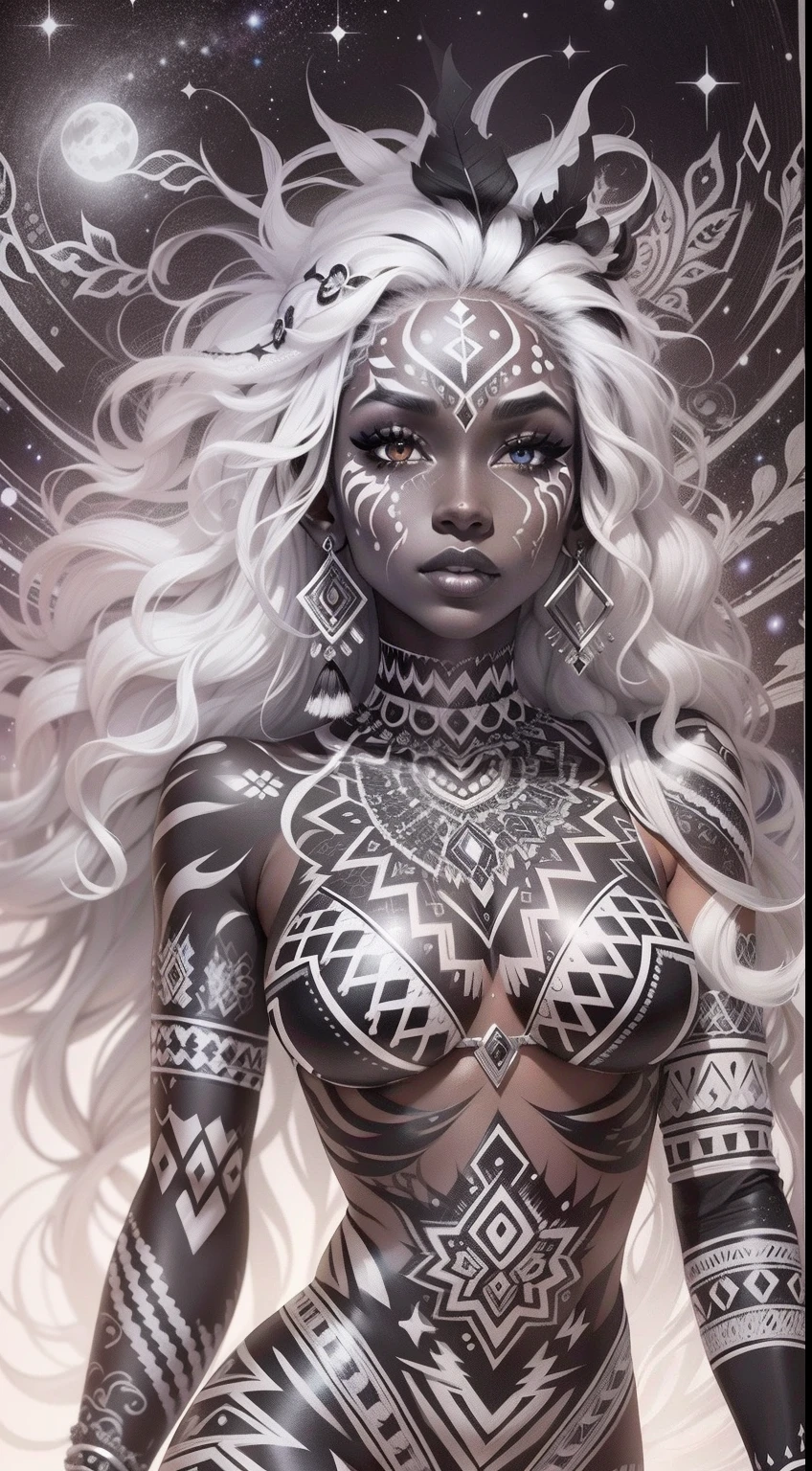colouring book page, black and white, 32k, full body view, very beautiful tribal brown skin girl with excessive intricately detailed vivdly black and white facepaint bodypaint makeup, stunning radiant eyes, gorgeous white hair with highlights, magical night sky background