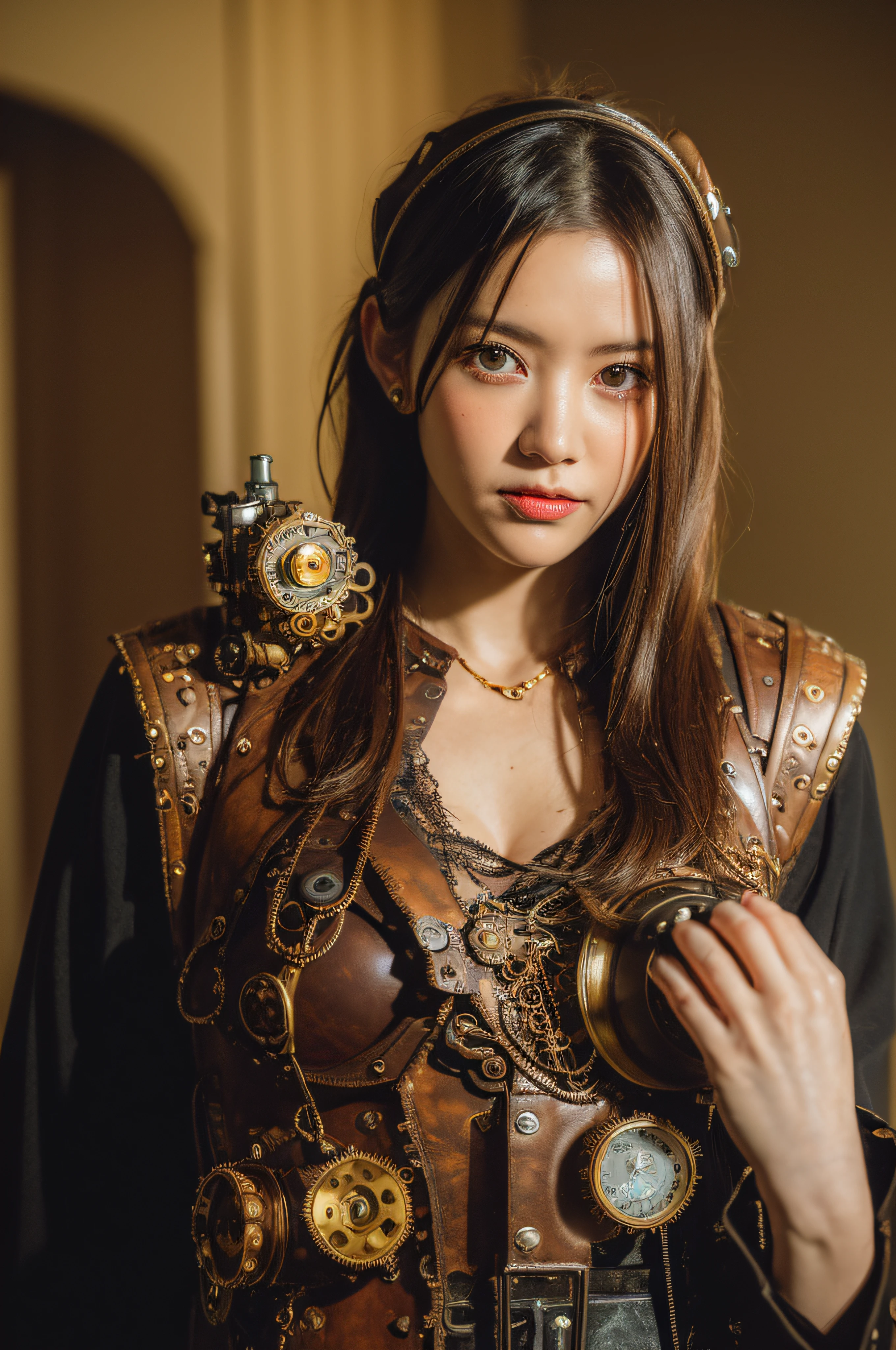 (16 K, Raw photo, Best Quality, hight resolution, absurderes), high-definition RAW color photography, professional photograpy, Papercut, (layered silhouettes:1.2), Complex pattern, delicate craftsmanship, shadow play, depth and dimension, Creative expression, (Realistic, Photorealsitic:1.37), (1 girl, japanaese girl), Toned, Cinematic Light, bloom, blazing, (finerly detailed face:1.2), (masutepiece:1.5), ((Best Quality, 8K, masutepiece: 1.3)), sharp: 1.2, Perfect Body Beauty: 1.4, Slender Abs: 1.2, ((Layered hairstyle, huge-breasted: 1.2)), (((Woman in steampunk costume taking photo, wearing steampunk attire, steampunk fantasy style, (Steampunk), ( Steampunk ), a steampunk beautiful goddess, steampunk beautiful realistic woman, Steampunk Girl, Steampunk style, steampunk fantasy, Steampunk, steampunk inventor girl, golden steampunk, Set in a steampunk world, Vivid steampunk concept))), Highly detailed facial and skin texture, Detailed eyes, Double eyelids, long brown hair, , Hands behind, Squatting, ((Very small exposed panties)), ((revealing cleavage))