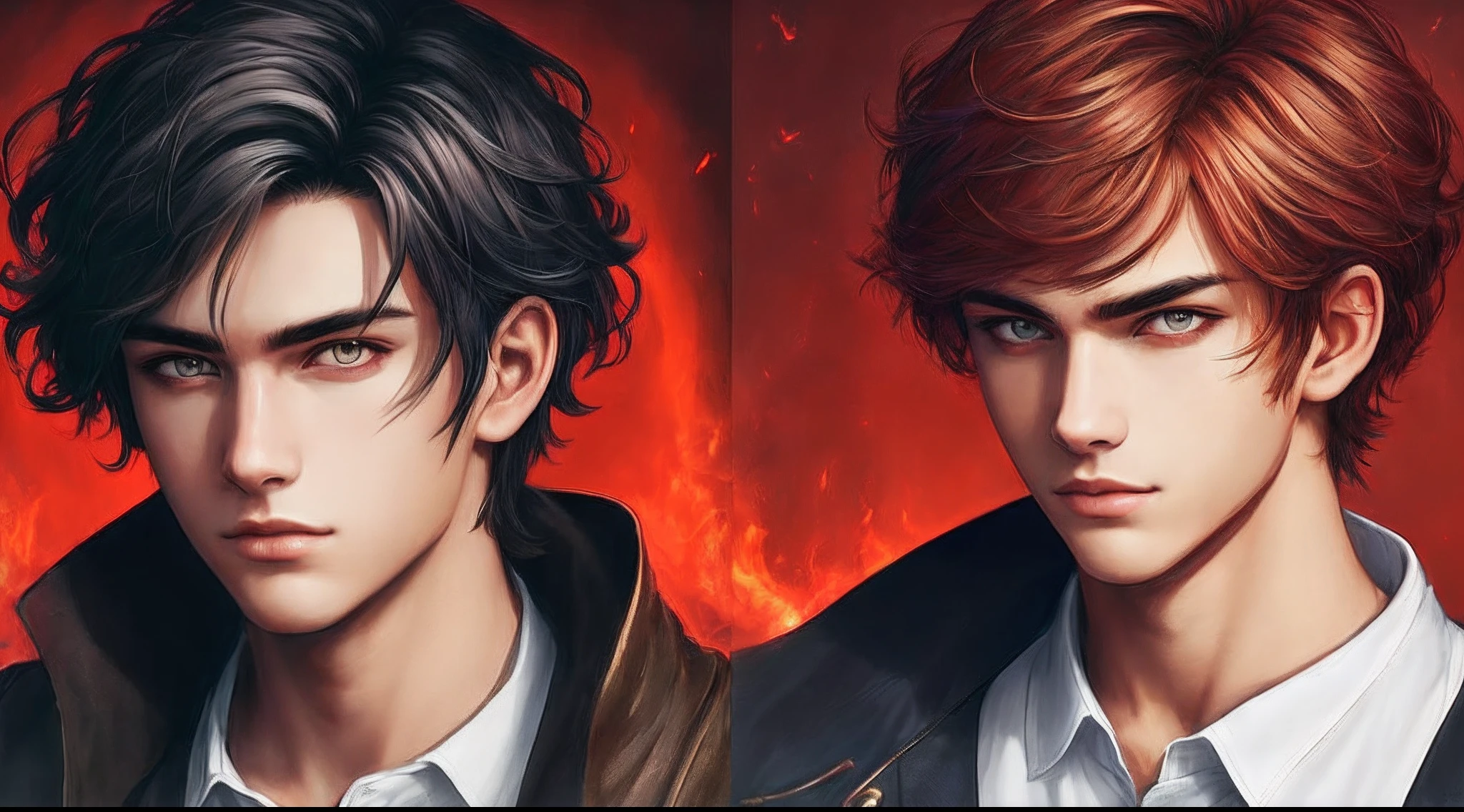 quadratic element,Beautiful Boys,ember,brunette color hair,Red eyes,Western Fantasy,Handsome,head portrait,Exorcist,Brilliant light and shadow,fanciful