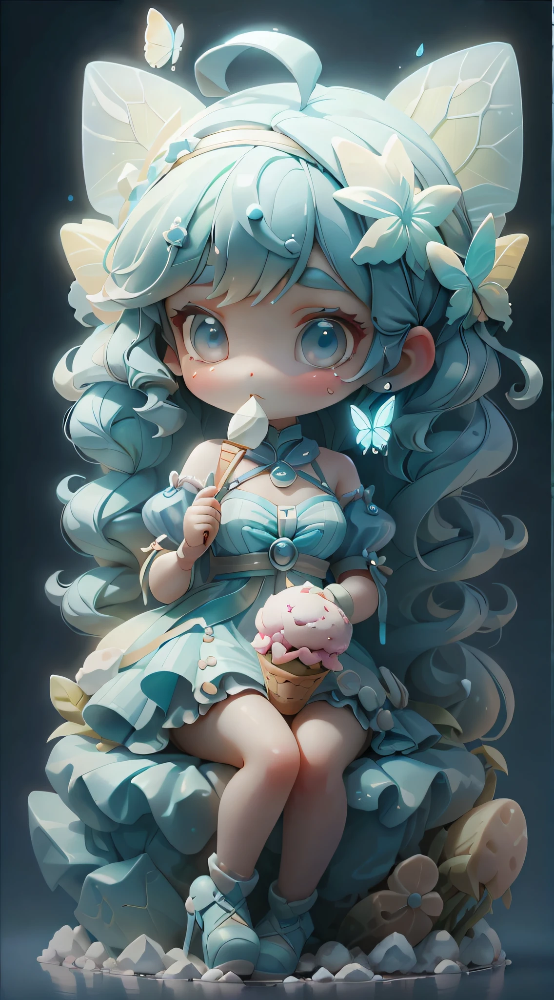 plastican00d, 1girll, tchibi, Blue hair,Ice cream in hand,There is a large butterfly headband on the head,Luxury fabrics, dither, Ice cream texture,Profound, looking at viewert, Striped background