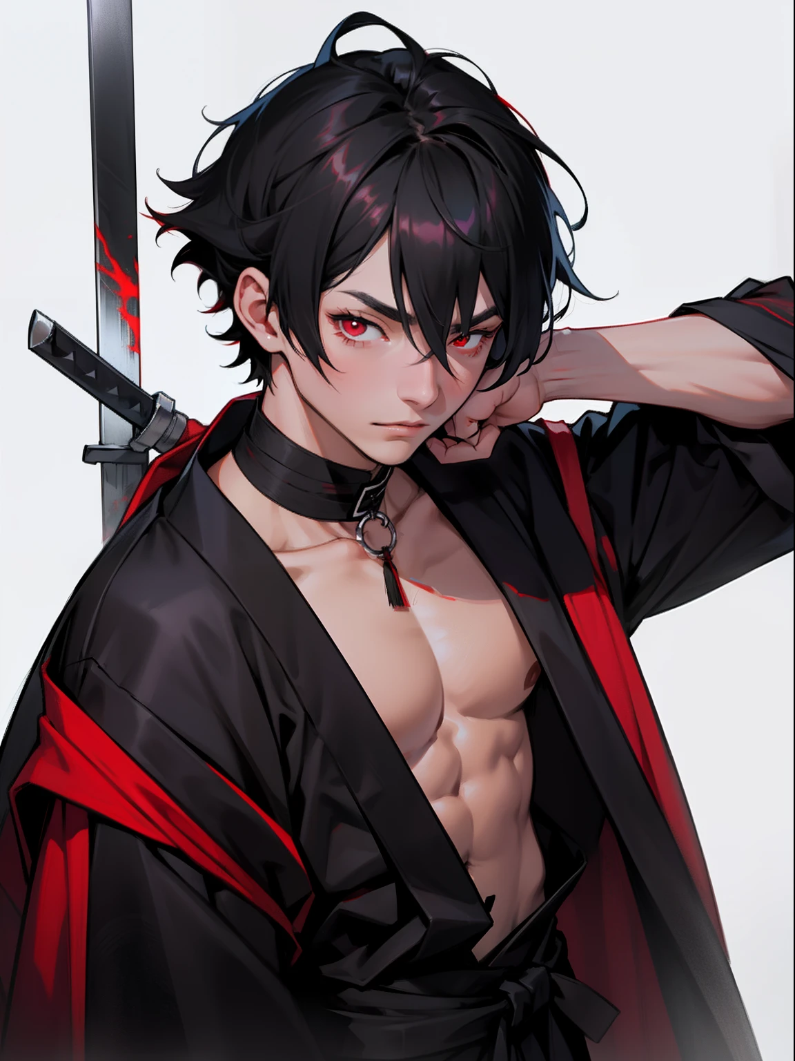 A dark-haired、Dye your hair red on the left side、Sharp red eyes、Narrow eyes、sullenness、Plain black kimono、short-cut、swords、Put a white bandage around your neck、thin、年轻