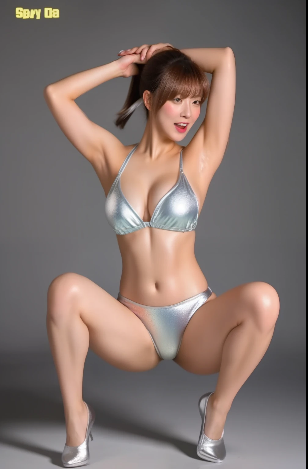 16 K, Arms behind your head, ((Opening legs)), ​masterpiece, Silver Lame Makeover Bikini, ((Wearing erotic)), 38-year-old Chinese woman, Wide waist, ((Opening legs)), (Sloppily open your mouth), sweaty and shiny skin, Brown hair, poneyTail, Watch Viewer, full body Esbian, perfect bodies