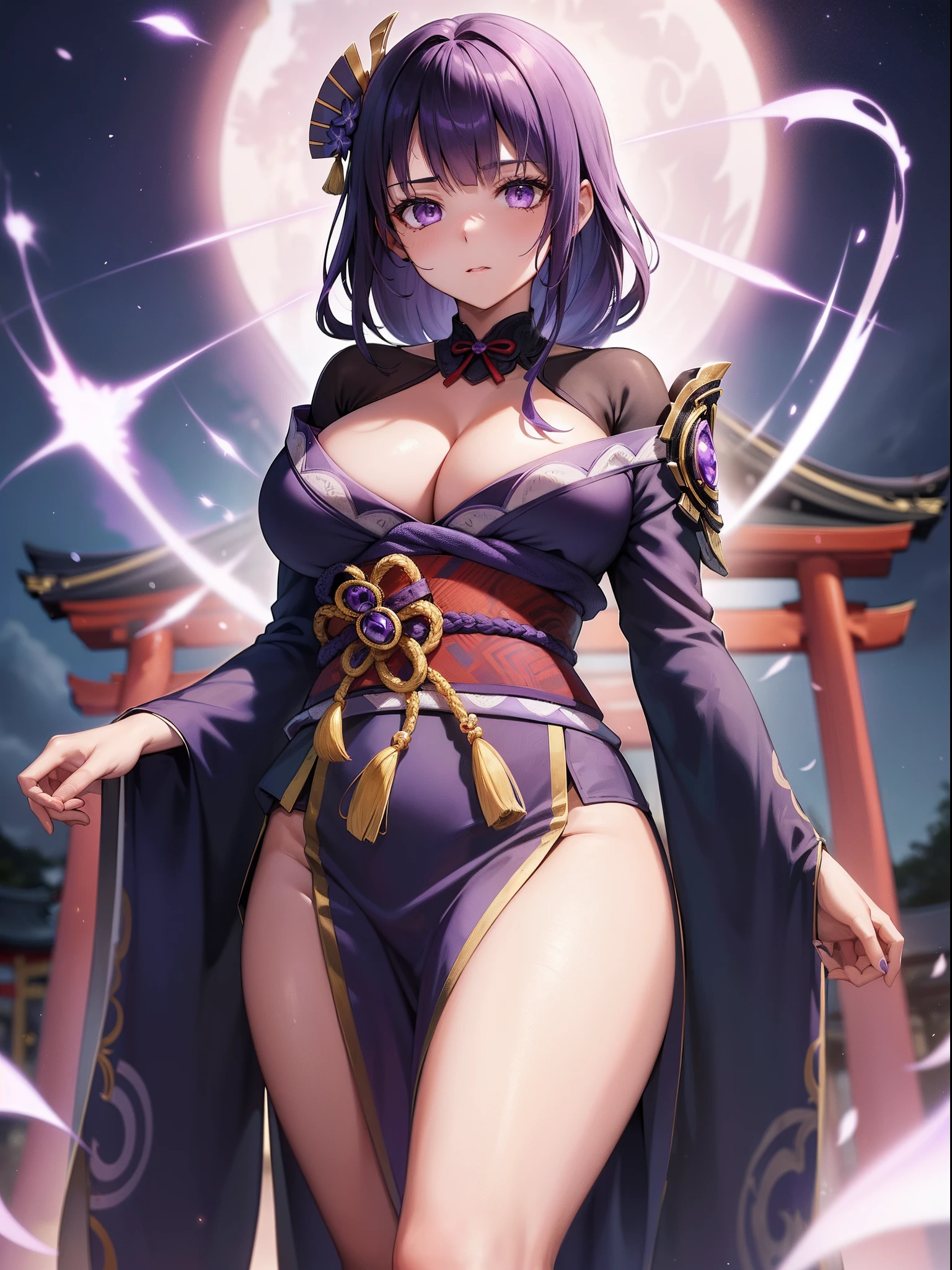 (Illustrations super fines:1.2),(masutepiece, 8k), (Best quality, High quality:1.4),(Masterpiece), Ultra - detailed, Ultra - detailed,Background of the masterpiece,beautiful detailed background, V8k wallpapers(Nuit:1.2),(dehors), (very detailed background), Purple lightning, meilleur_quality, 1 fille, ,beau_et_aesthetics:1.2), (1 femme:1.3), (fractale_art:1.3), (huge breasts), luz_reflection, (1 femme, Raiden Shogun,Raïdenshogundef, cheveux violets, ornements de cheveux, cheveux longs, braided ponytail, (((brassard, Purple Japanese clothing, manches larges, manches longues, cuisses, Kimono violet))), 1fille, seulement, (24 ans:1.5),beau doigt,Belles jambes longues,beau corps,Beau nez, Des yeux parfaits, visage parfait,(Beautiful detailed purple eyes),((femelle mature:1.1)),((MILF:1.1)), Raiden Shogun, cheveux violets, yeux violets, Des yeux brillants, Electric violet particles, cheveux longs, Elegant beautiful hands, jambes nues, cuisses parfaites, kimono, view from below, corps entier, (summon an electric katana between her breasts), Brittles an electric katana from her chest, Cheveux publics, debout, Night background, Background of Inazuma Temple,