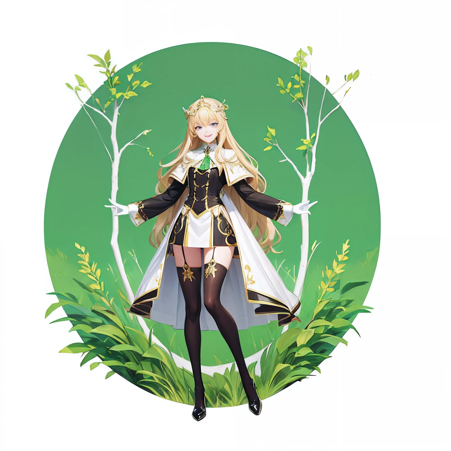 tmasterpiece，poster for，Ring tree background，Two-dimensional girl，19years old，Full body like，blond hairbl，long whitr hair，Meticulous eye portrayal，grin，black glove，black lence stockings，leg loops，Meticulous facial details，Reached，Mature intellect，Stand in the center，Surrounded by green light