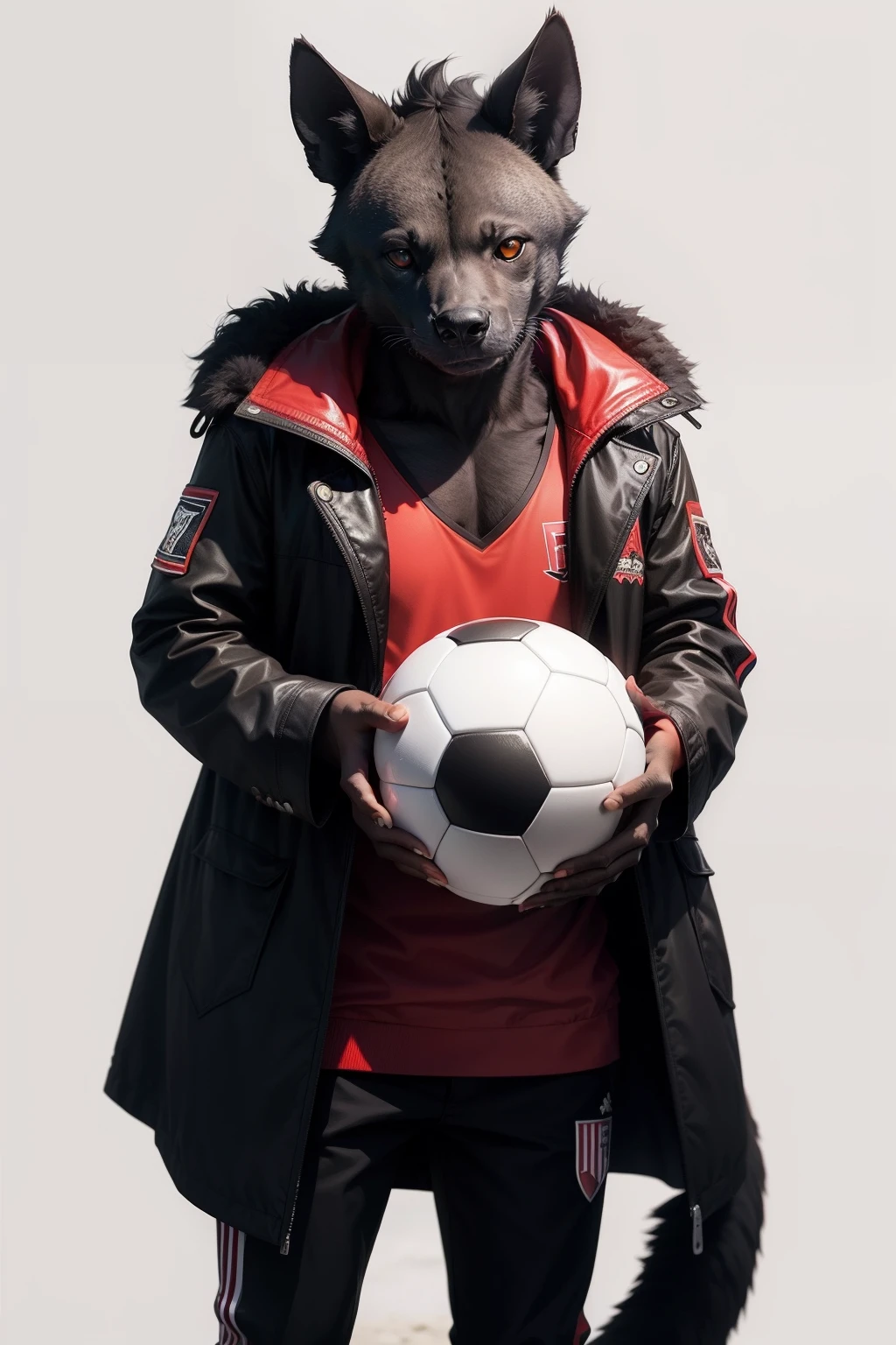 black hyena with red coat with stripes on white holding a soccer ball