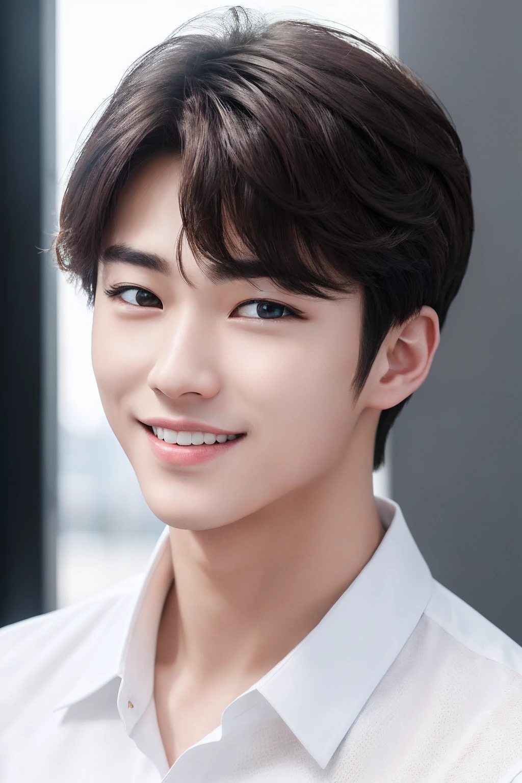 oppav3、(masterpiece、Super mass、hight resolution、8k、Convoluted: 1.2)、(A detailed face:1.2)、(Wears a white shirt:1.5)、a handsome、Detailed skin、pores、absurderes、hunk、1 Boy、Male Focus、( (realisticlying))、Good lighting quality、Delicate body、Hallyu idol、((pale skin))、flexing、Balanced eyes、brown-eyed、a smile、White teeth、Smooth hair、Bangs up to the cheekbones、Center Part、A little juvenile look
