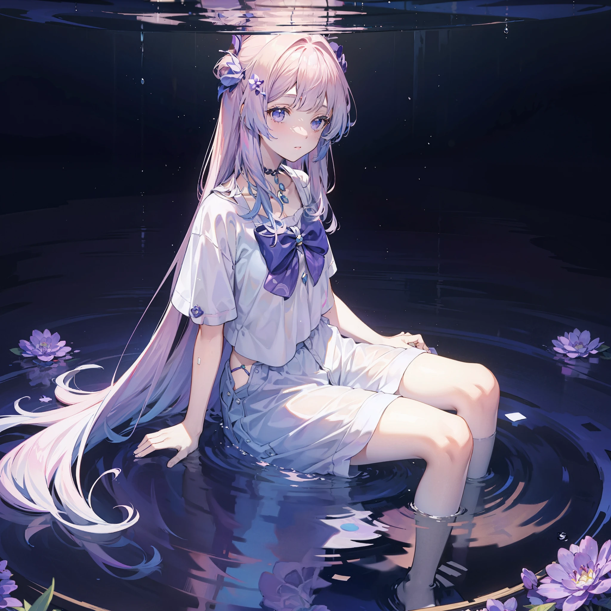 purple flower pattern white background, sitting in the middle, casual outfit, inside in the circle in the middle, long hair, water reflection,