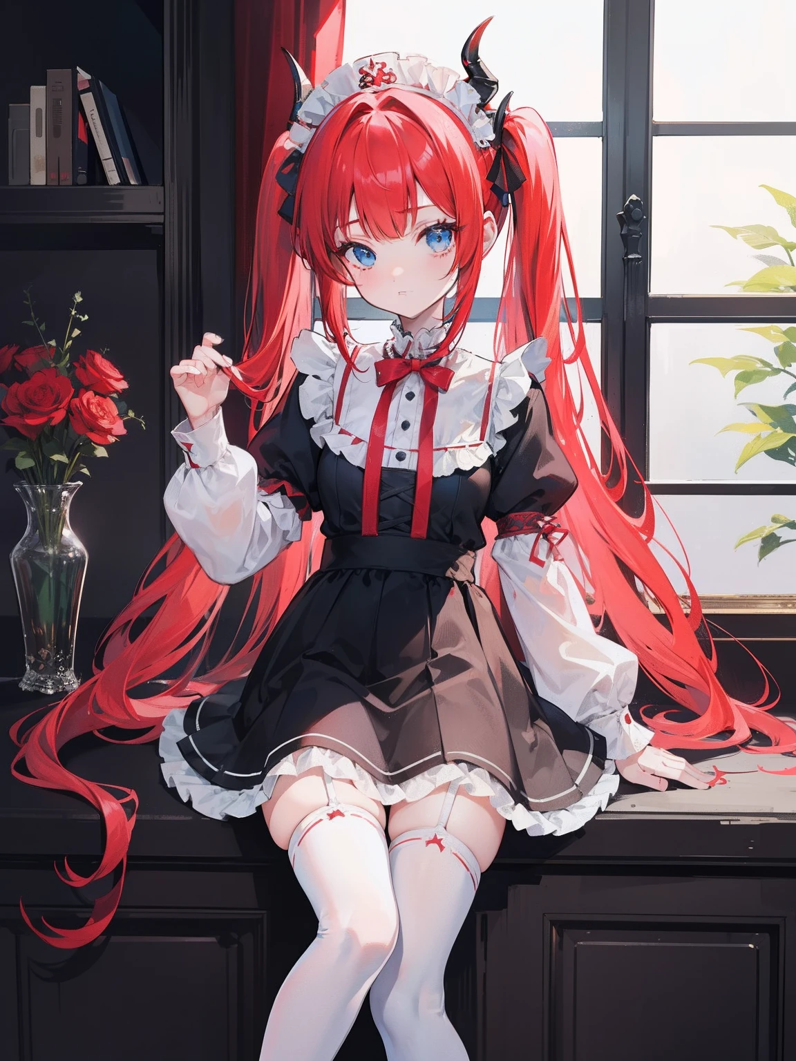 red hair,blue eyes,twintails,maid, long hair, long sleeves, gothic, solo, loli,Short skirt, white stockings,{{best quality}}, {{masterpiece}}, {{ultra-detailed}}, {illustration}, {detailed light}, {an extremely delicate and beautiful},little girl,cute,dragon horns