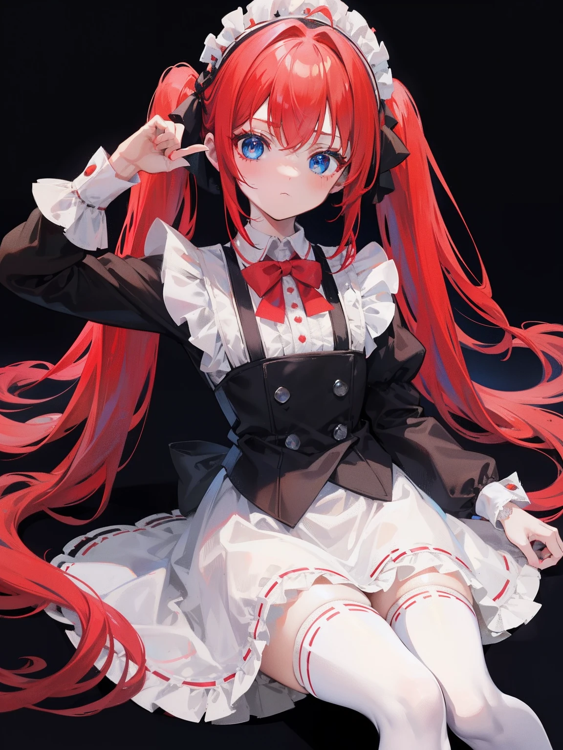 red hair,blue eyes,twintails,maid, long hair, long sleeves, gothic, solo, loli,Short skirt, white stockings,{{best quality}}, {{masterpiece}}, {{ultra-detailed}}, {illustration}, {detailed light}, {an extremely delicate and beautiful}, girl,cute,dragon horns