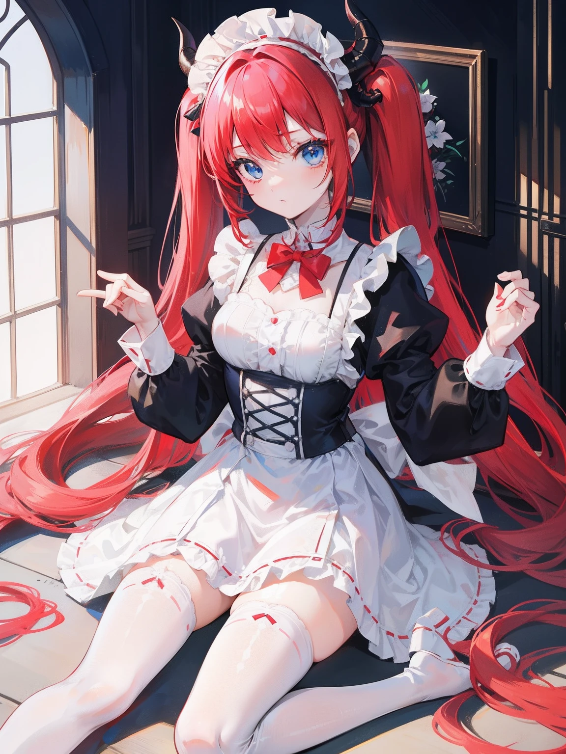red hair,blue eyes,twintails,maid, long hair, long sleeves, gothic, solo, loli,Short skirt, white stockings,{{best quality}}, {{masterpiece}}, {{ultra-detailed}}, {illustration}, {detailed light}, {an extremely delicate and beautiful}, girl,cute,dragon horns