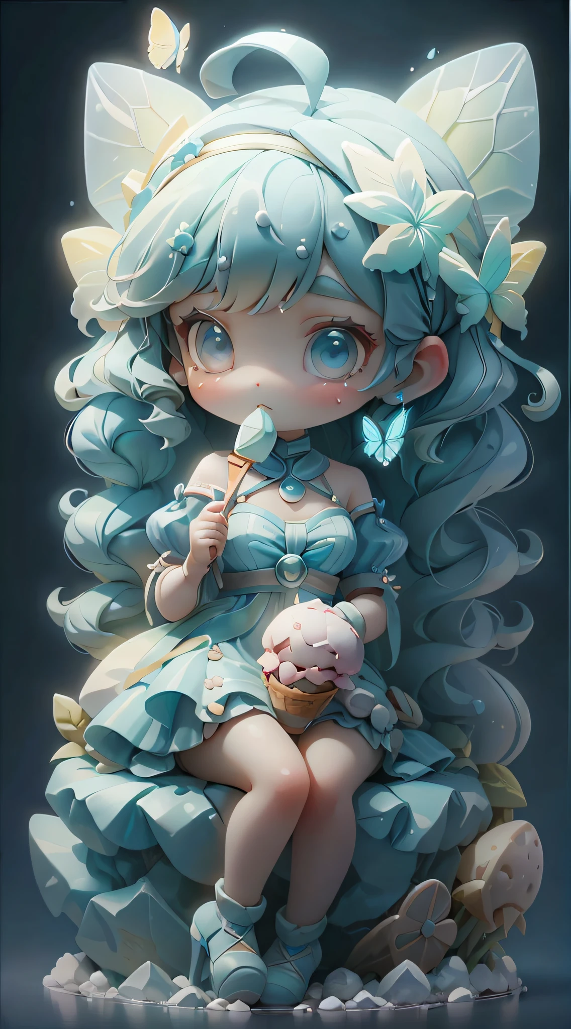plastican00d, 1girll, tchibi, Blue hair,Ice cream in hand,There is a large butterfly headband on the head,Luxury fabrics, dither, Ice cream texture,Profound, looking at viewert, Striped background
