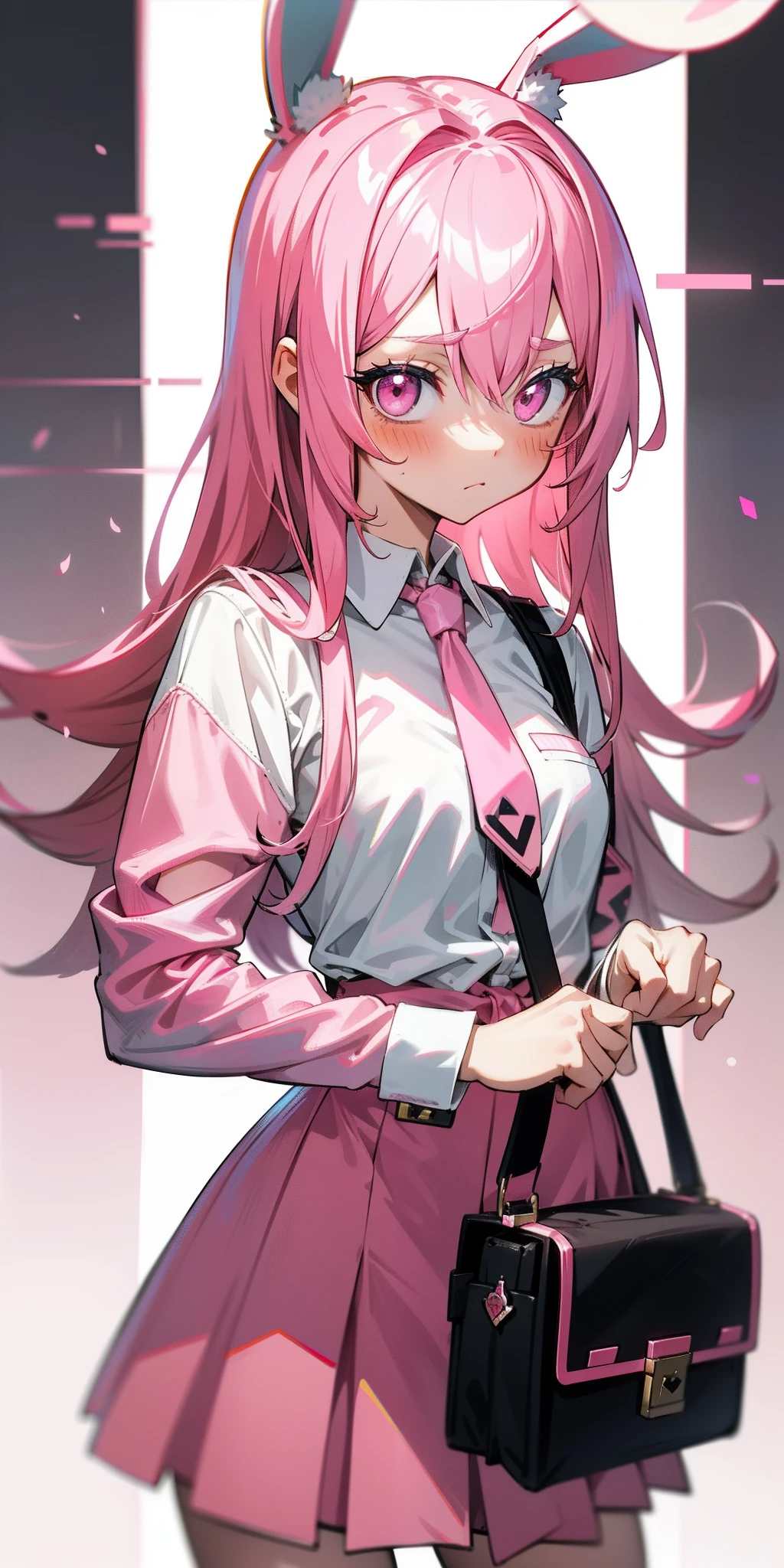 Anime girl with pink hair and bunny ears in pink tie, pink eyes, shy blush, pretty, small satchel, cyberpunk