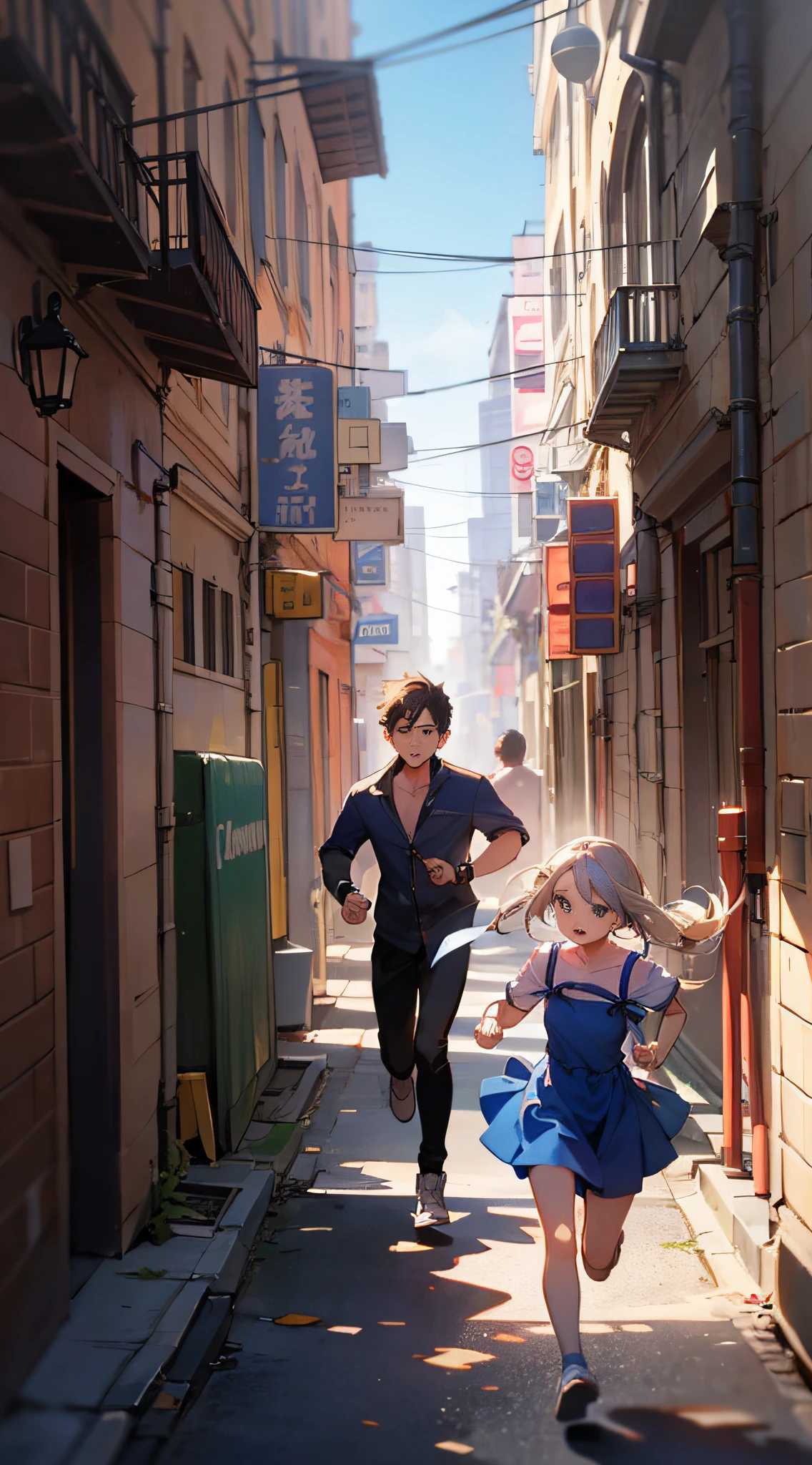 full bodyesbian, Medium Shot Shot, A boy and a girl,run away,run,High quality,The best of the masterpiece,The boy took the girl's hand,Handle
