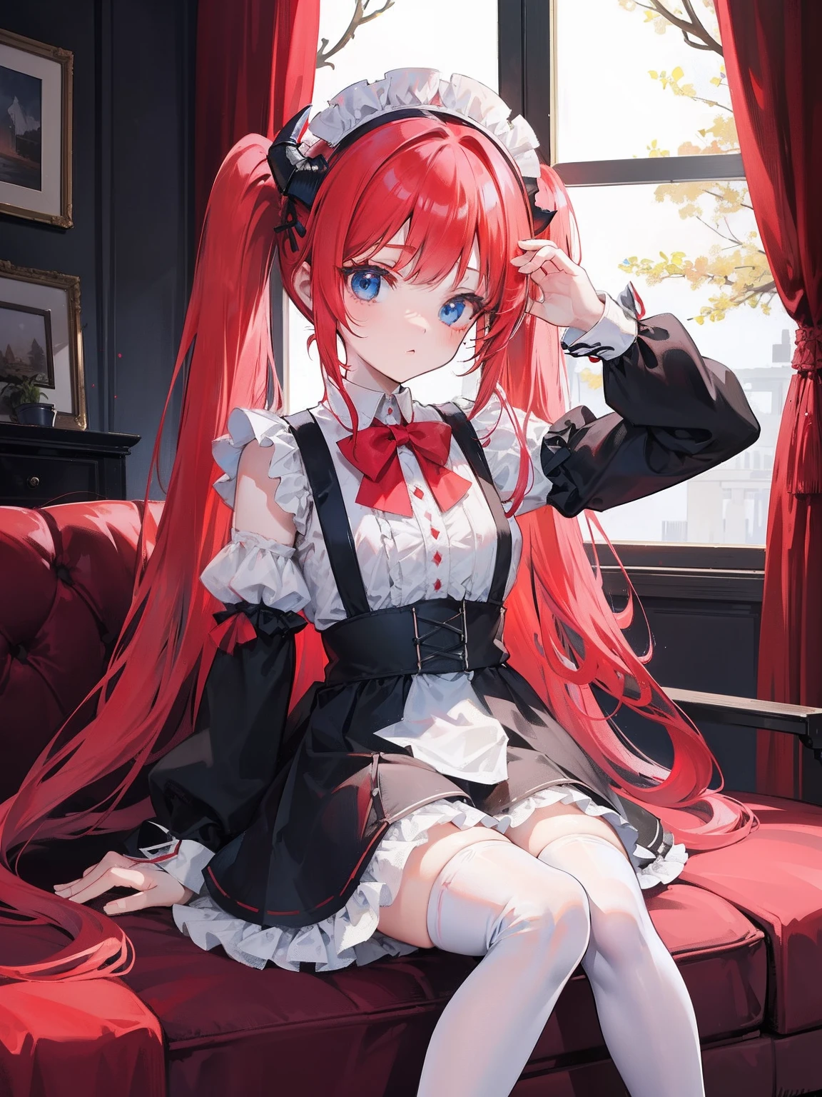 red hair,blue eyes,twintails,maid, long hair, long sleeves, gothic, solo, ,Short skirt, white stockings,{{best quality}}, {{masterpiece}}, {{ultra-detailed}}, {illustration}, {detailed light}, {an extremely delicate and beautiful},litte,dragon horns