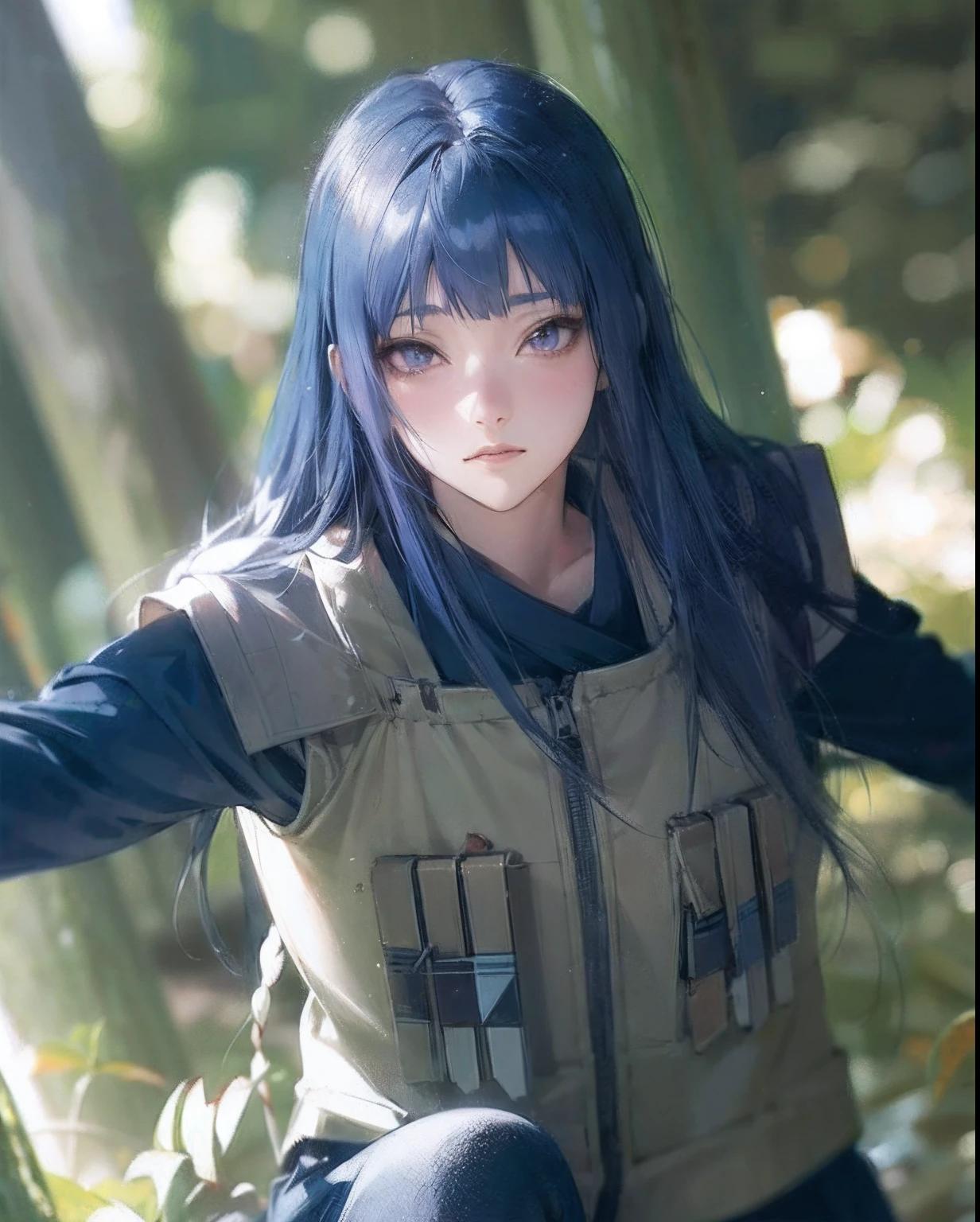 arafed woman with blue hair and a vest posing for a picture, hinata hyuuga, hinata, hyuuga, byakugan, artwork in the style of guweiz, anime style 4 k, photorealistic anime, realistic anime artstyle, realistic young anime girl, realistic anime 3 d style, attractive anime girl, realistic anime, anime style. 8k, anime girl in real life, beautiful anime girl