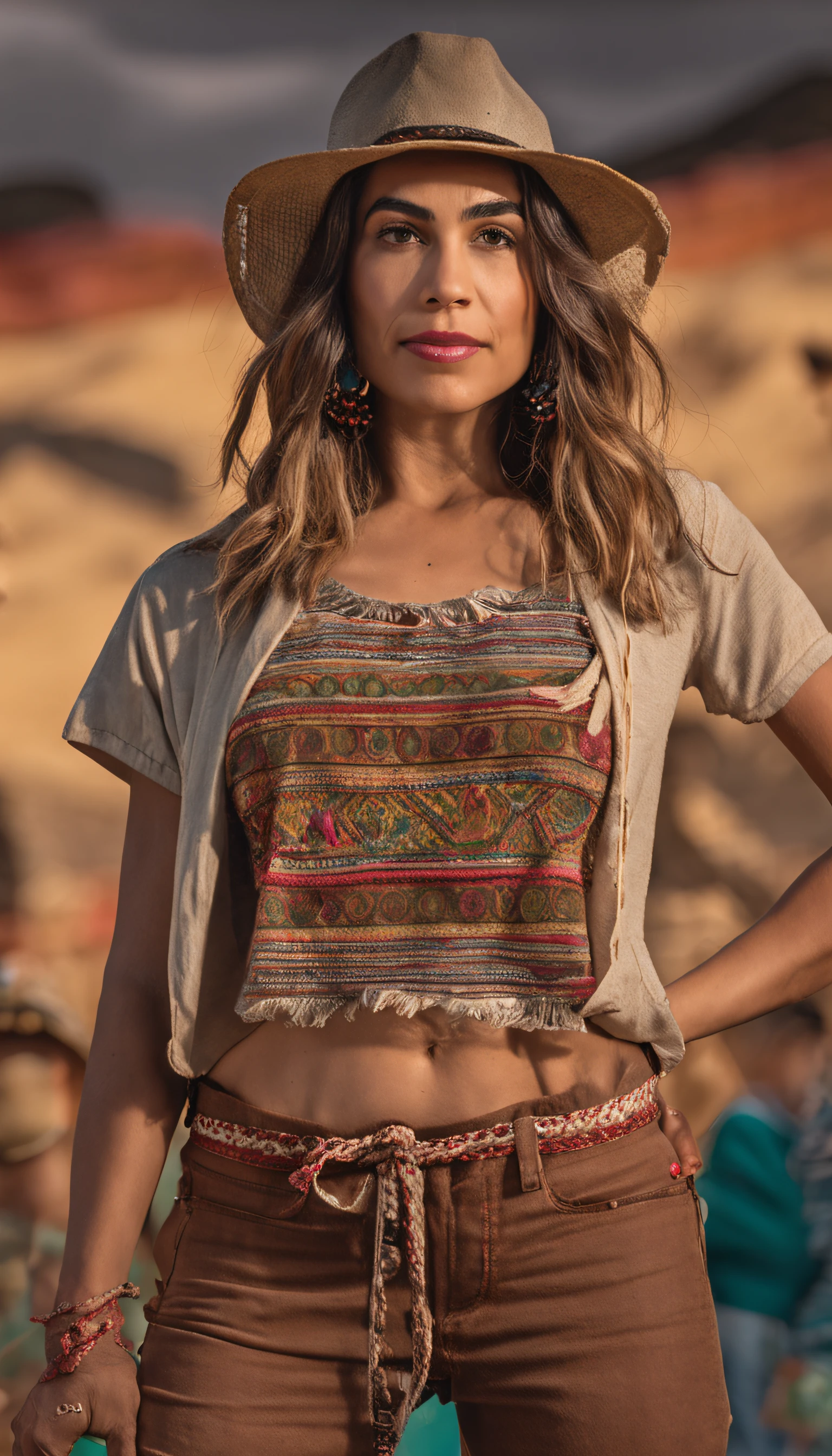 Hermosa joven morena con rulos, argentina, Standing on stage at a folk recital, Llevar una remera sin mangas con tirantes con el texto "Folclore Anuritay" impreso, Clothes in rustic colors, vaqueros, hipy, in front of camera, realista, Detalles de gran intrincado, (obra maestra ), 32K