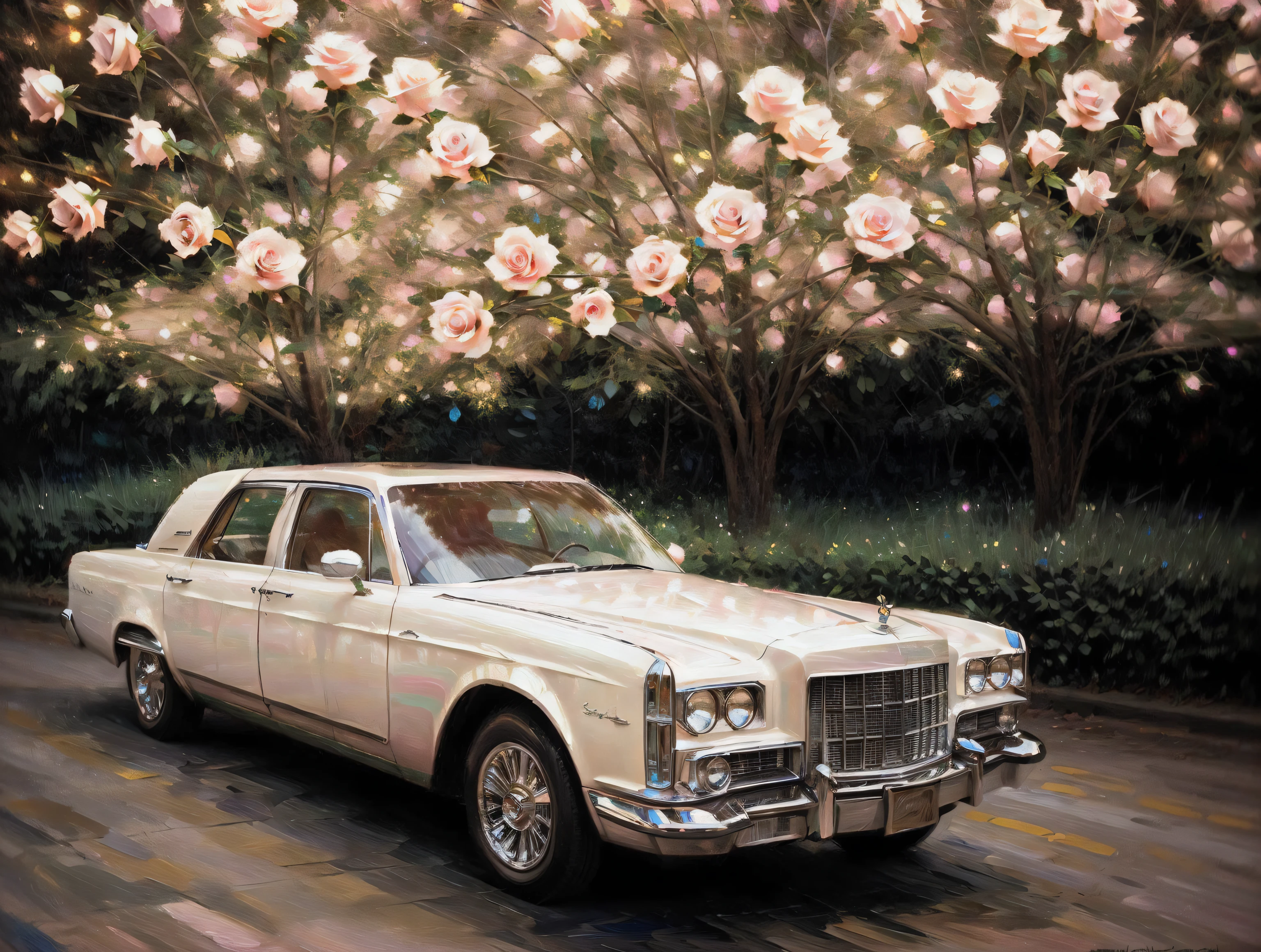 create an amorous oil painting of a white and pink Cadillac Deville with roses and fairy lights, vintage atmosphere, chromatic aberration, gltter, sparkles
