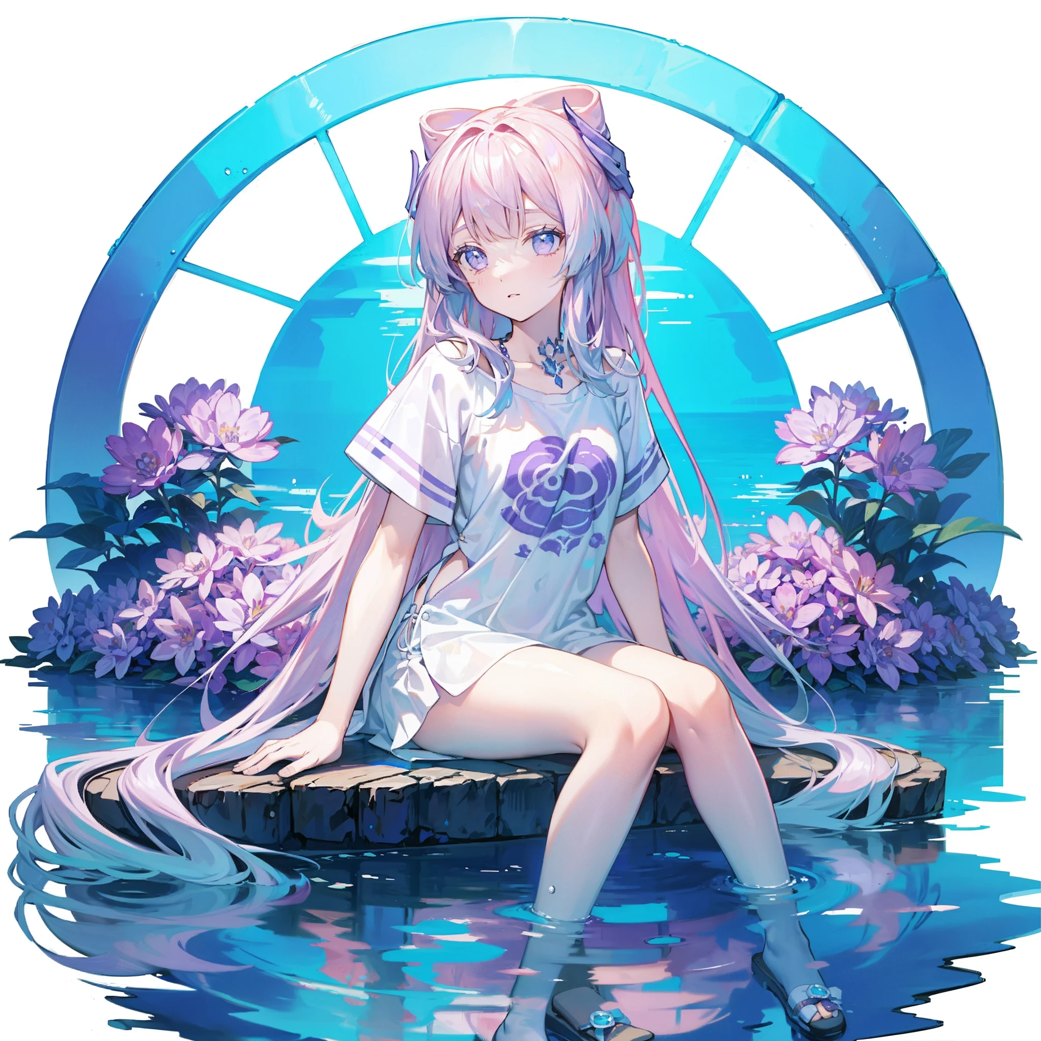 purple flower pattern white background, sitting in the middle, casual outfit, inside in the circle in the middle, long hair, water reflection,