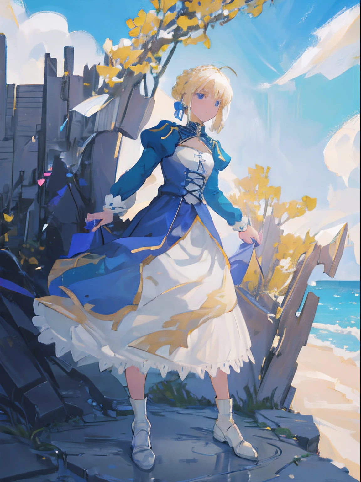 1 girl , artoria , blond , artistic , skirt , single piece dress , white , blue sky , full body art , beautiful background , scenic , high quality , high texture , increased clarity , (.20 ev exposure), blue eyes , highly detailed , extravagant