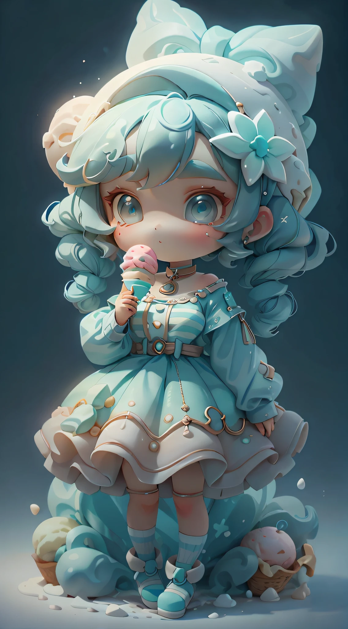 plastican00d, 1girll, tchibi, Blue hair,Ice cream in hand, Luxury fabrics, dither, Ice cream texture,Profound, looking at viewert, Striped background
