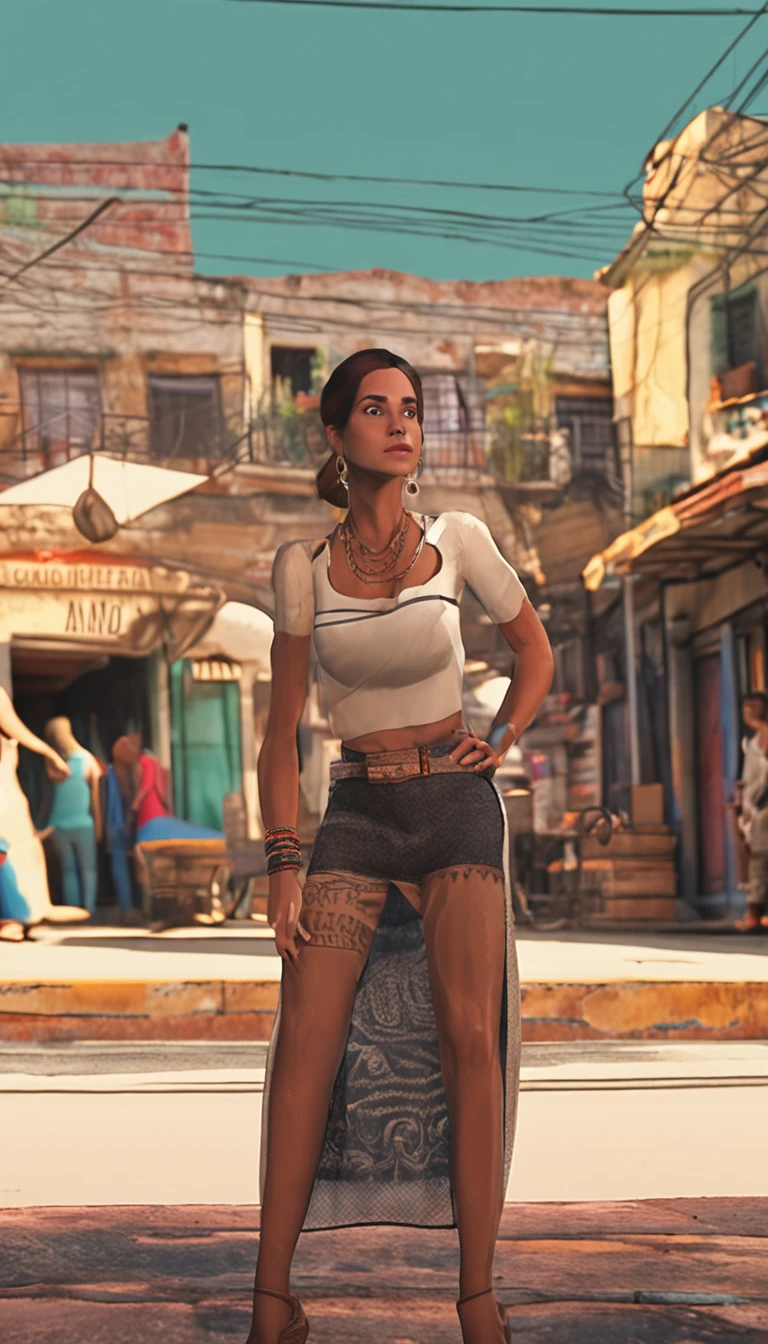 Hermosa joven morena con rulos, argentina, Standing on stage at a folk recital, Llevar una remera sin mangas con tirantes con el texto "Folclore Anuritay" impreso, Clothes in rustic colors, vaqueros, hipy, in front of camera, realista, Detalles de gran intrincado, (obra maestra ), 32K