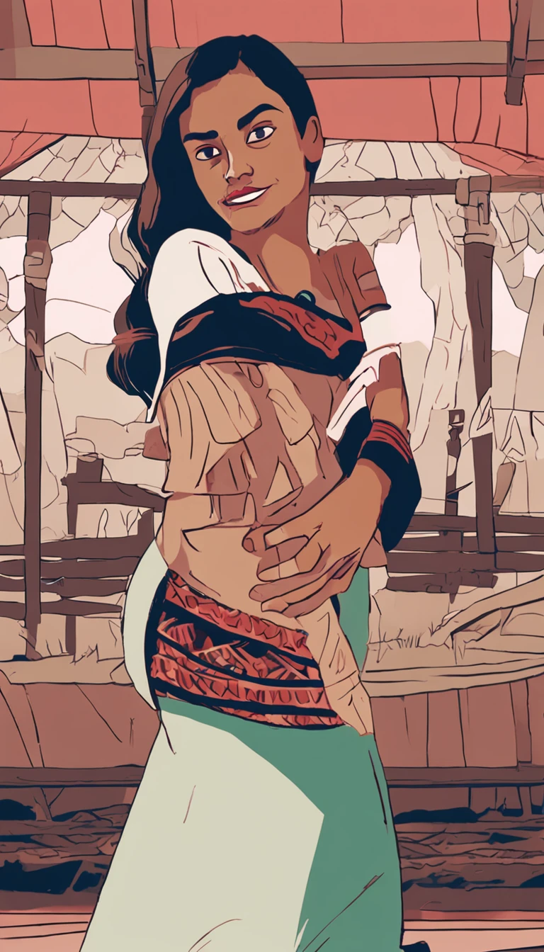 Hermosa joven morena con rulos, argentina, Standing on stage at a folk recital, Llevar una remera sin mangas con tirantes con el texto "Folclore Anuritay" impreso, Clothes in rustic colors, vaqueros, hipy, in front of camera, realista, Detalles de gran intrincado, (obra maestra ), 32K