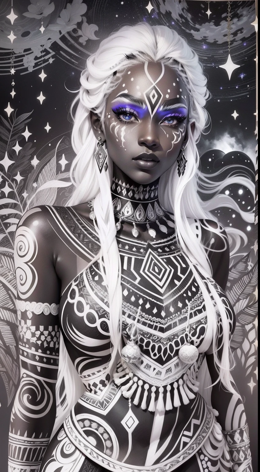 colouring book page, black and white, 32k, full body view, very beautiful tribal brown skin girl with excessive intricately detailed vivdly black and white facepaint bodypaint makeup, stunning radiant eyes, gorgeous white hair with highlights, magical night sky background