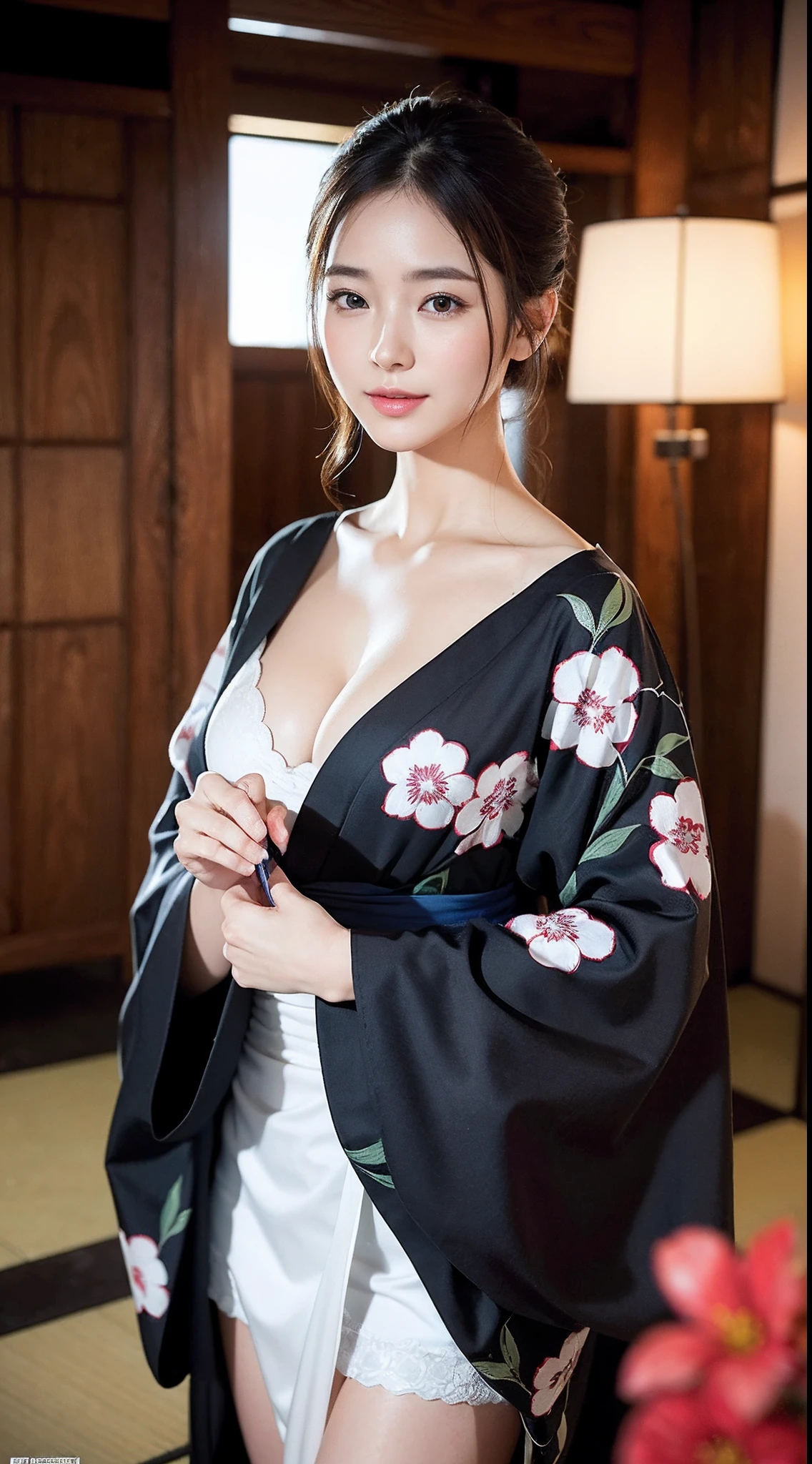 face is :9,4148934626], Bewitching beautiful mature woman、40 years、stature　154cm、well-proportioned figure、The figure of the hourglass、Japan in a yukata、Yukata at Japan Ryokan、Shoulder out、鎖骨、model in Japan、Japan sexy woman, Gorgeous Japan Woman, goddess of Japan, A smile、Raw photo, (in 8K、top-quality、​masterpiece:1.2)、(intricate detailes:1.4)、(Photorealsitic:1.4)、octane renderings、Complex 3D rendering ultra detail, studio lights, Rim Lights, vibrant detail, super detailing, realistic skin textures, Detail Face, Beautiful detail eyes, Very detailed CG Unity 16k wallpaper, make - up, (detailedbackground:1.2),　shinny skin、