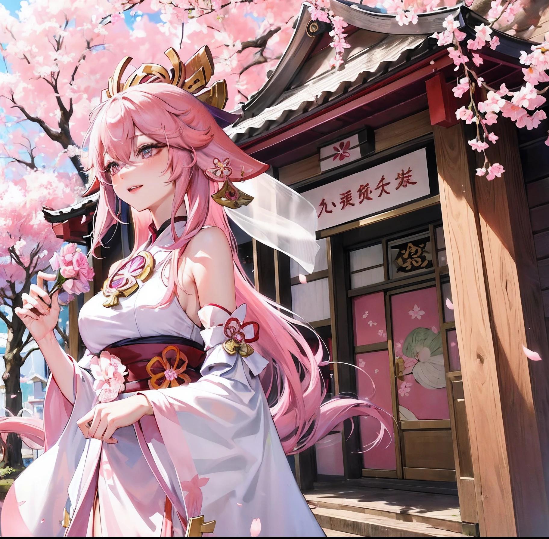 The character of Genshin：yae miko。Pink Long Hair，The ends of the hair are tied together，Pink fox ears，Hang your ears，She wears a cherry blossom and bridal white veil in her hair，Sakura pinned to the veil。Yae Miko has pink M-shaped bangs，Wearing a white wedding dress，grown woman，Gentle smile，Purple eyes，The fox becomes a woman，under a sakura tree，In front of the shrine，Holding a bouquet of pink cherry blossoms，Look up at the cherry blossom trees，4k高清，Wallpapers，She has only two fox ears，