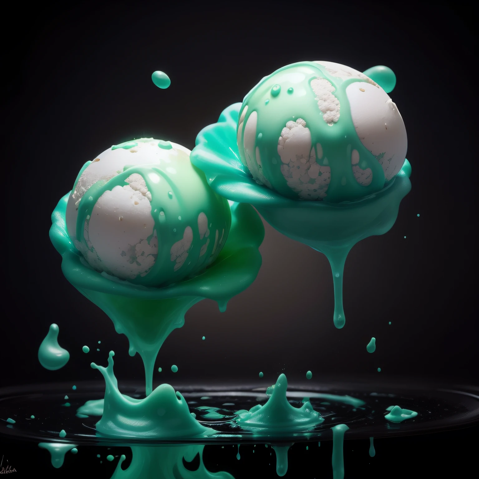 Duas bolas de sorvetes de leite flutuando, cobertas por calda de menta. cobertas por calda mente. Splashes de calda menta. Fundo escuro. Calda de menta viscosa reflexiva.