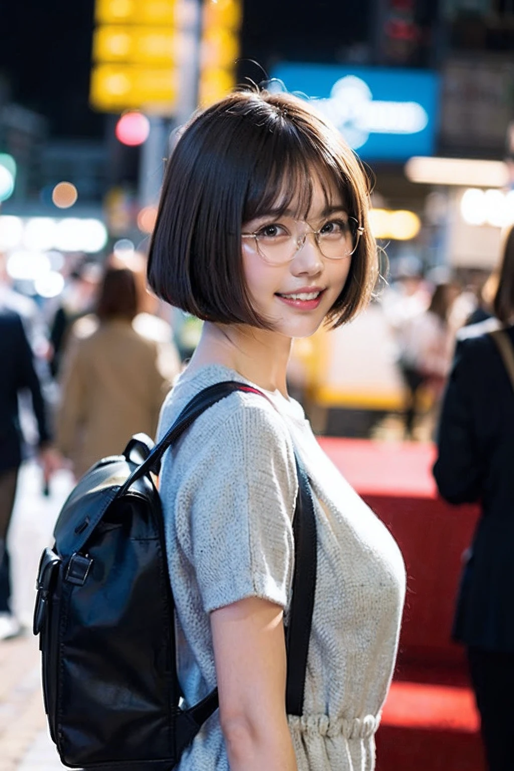 (8K、Raw photography、top-quality、masterpiece:1.2)、(realisitic、Photorealsitic:1.37)、ultra-detailliert、超A high resolution、1人、see the beholder、beautifull detailed face、A smile with a little visible teeth、Constriction、(Slim waist) :1.3)、Pastel tone clothes、Beautiful detailed skin、Skin Texture、Floating hair、((Bob Cut Hair))、large breasts with good shape、Professional Lighting、In front of the station at noon、((Black square glasses))、Whole human body、Black hair、((Have a small rucksack))、