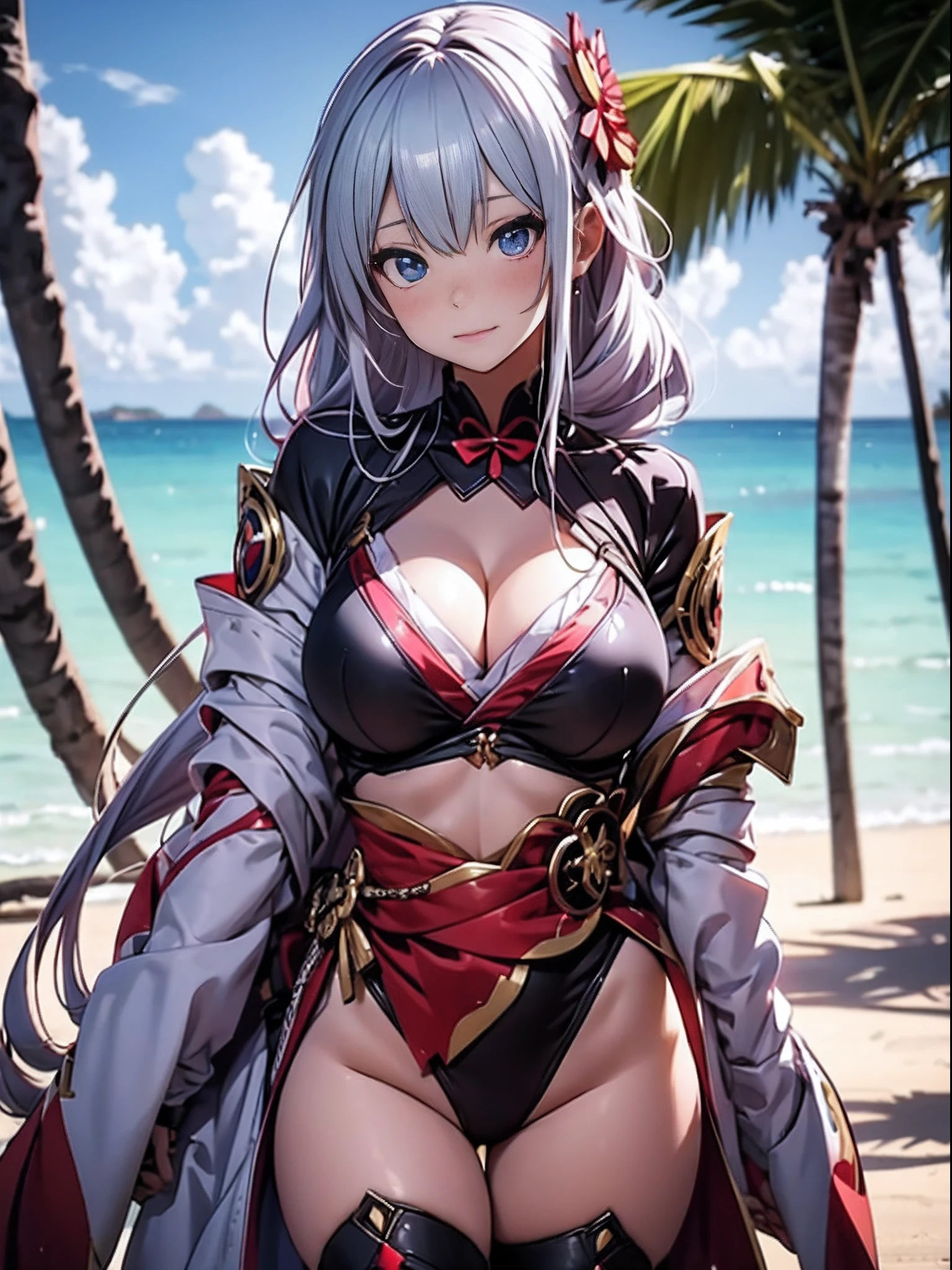 A woman in a bikini poses for a photo on the beach, seductive anime girls, beautiful and seductive anime woman, Guviz-style artwork, Perfect white haired girl, Guviz, Beautiful anime girl, ross tran. scenery background, in beach, Beautiful anime woman, trending on artstation pixiv, Extremely detailed Artgerm, Beautiful anime，Extra-large big breasts，Blush，Pull the knife in the chest，