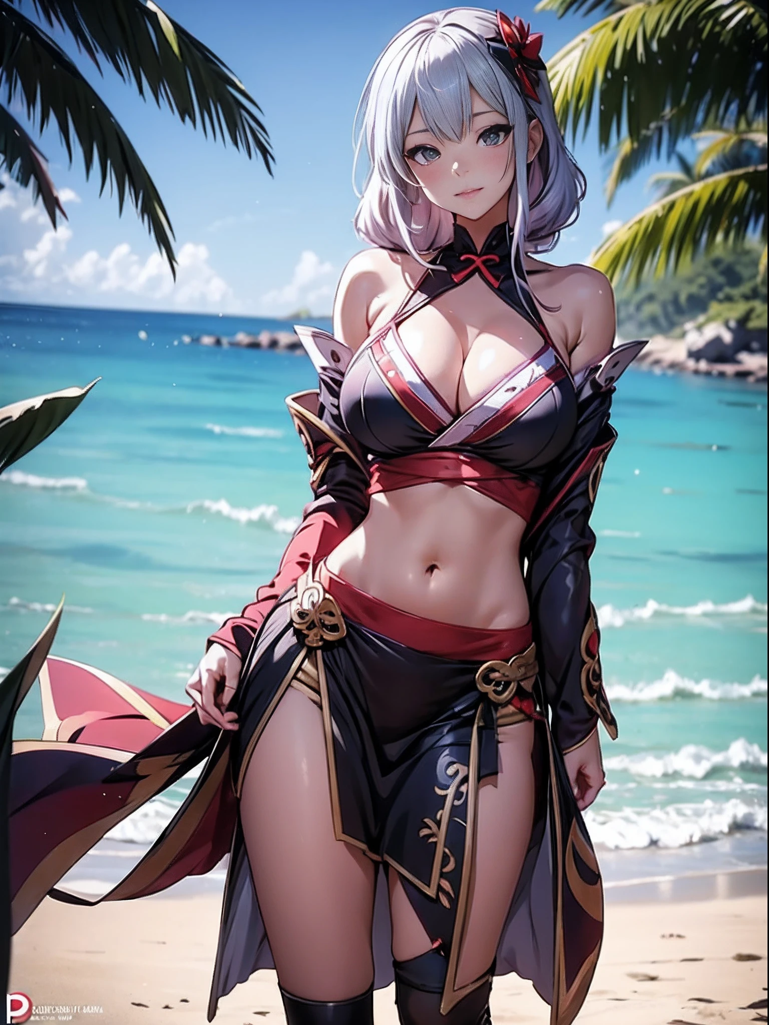 A woman in a bikini poses for a photo on the beach, seductive anime girls, beautiful and seductive anime woman, Guviz-style artwork, Perfect white haired girl, Guviz, Beautiful anime girl, ross tran. scenery background, in beach, Beautiful anime woman, trending on artstation pixiv, Extremely detailed Artgerm, Beautiful anime，Extra-large big breasts，Blush，Pull the knife in the chest，
