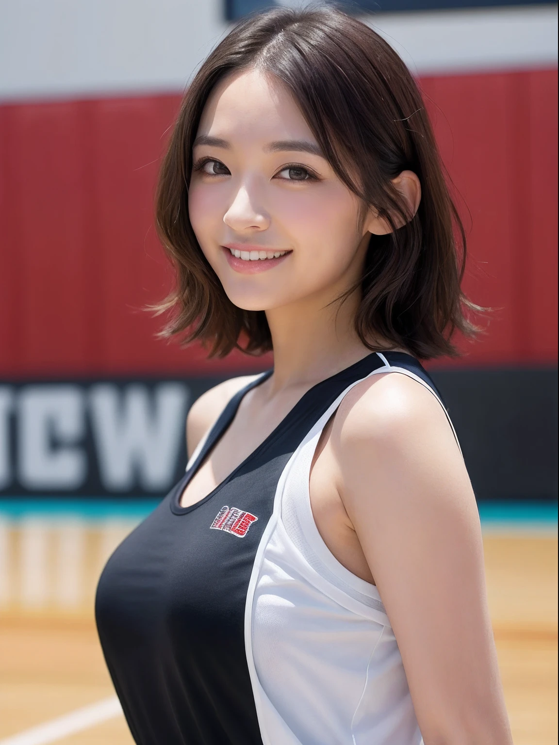 masutepiece, Best Quality, Photorealsitic, finely detail, hight resolution, 8K Wallpapers, Perfect dynamic composition, FULL BODYSHOT、Beautiful detailed eyes, Medium short wavy hair, (Big breasts 1.3), (Basketball Player 1.3)、Breast bulge、A smile、Basketball court、25-years old、(Drooping eyes 1.3)、Adult beauty、natural make up、japanes、Black eyes