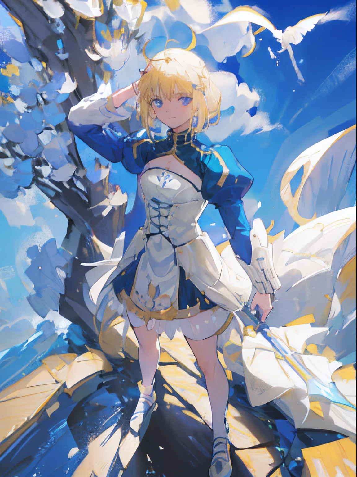 1 girl , artoria , blond , artistic , skirt , single piece dress , white , blue sky , full body art , beautiful background , scenic , high quality , high texture , increased clarity , (.20 ev exposure), blue eyes , highly detailed , extravagant