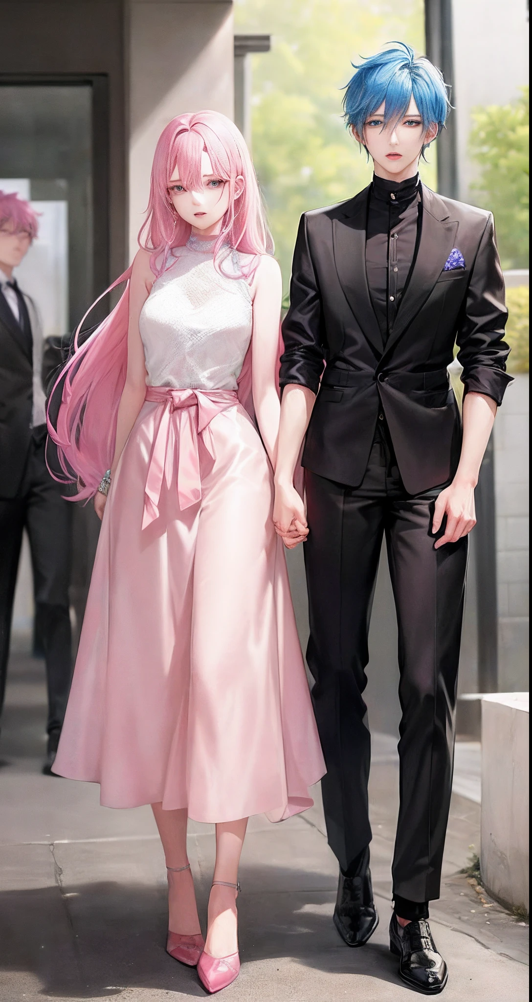 ((Male and female couples)), window, Idol Photos, Photos of actors, Professional Photos, Height difference, tall male, Happiness, youthfulness, extra detailed face, detailed punk hair, very detailed character, inspired by Sim Sa-jeong, Cai Xukun's, detailed realistic faces, highly detailed realistic face, high detailed face anime, realistic detailed face, Accurate detailed face, attractive androgynous humanoid, Cool Korean fashion in black and white, ((With a man with light blue hair)), ((Woman with pink hair)), ((Woman with long hair below waist)), ((Man with short hair over ears)), ((Pink hair woman with gentle expression)), ((Man with light blue hair with wild expression)), high-level image quality, ​masterpiece, Photographed so that the whole body can be seen, Photographed to make clothes look beautiful, Take your eyes off, ((two individuals)), ((British couple))