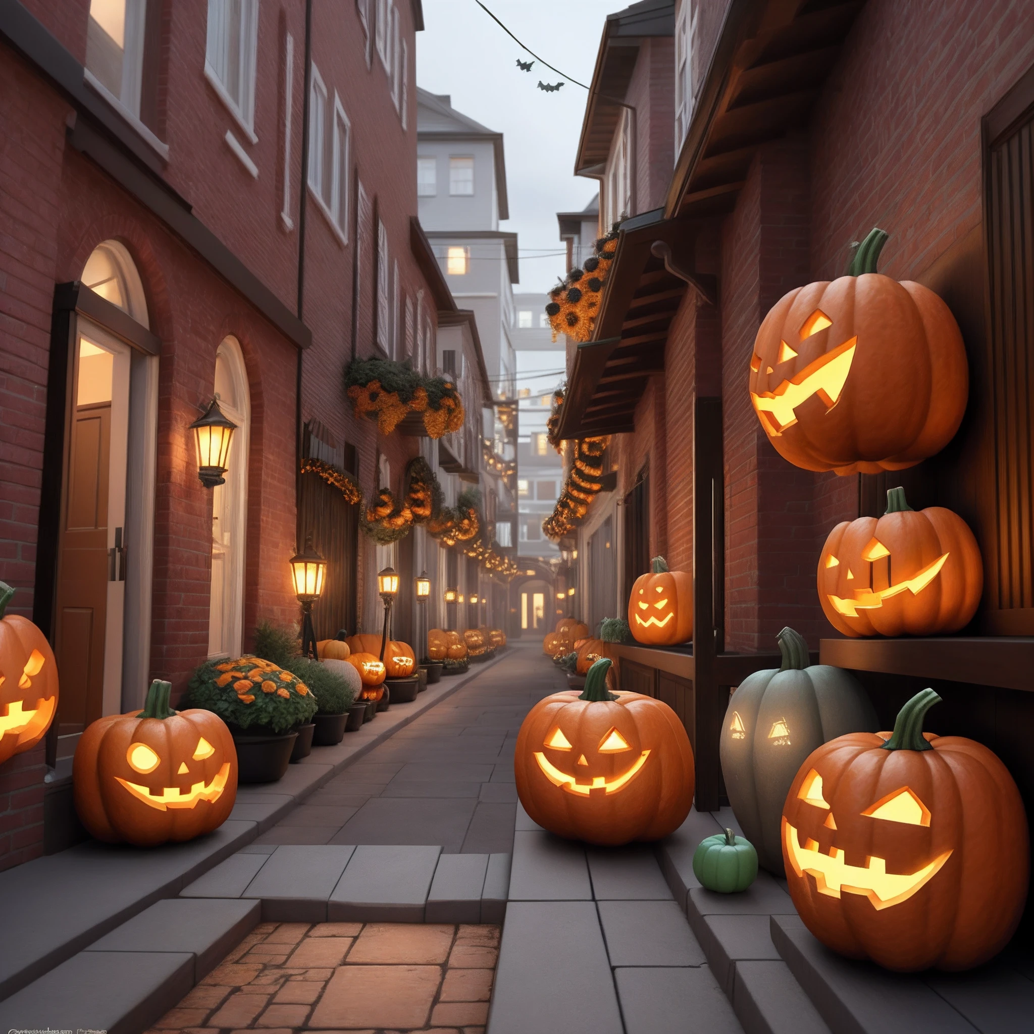 Imagine a bedecked alley on halloween with 3d pumpkins