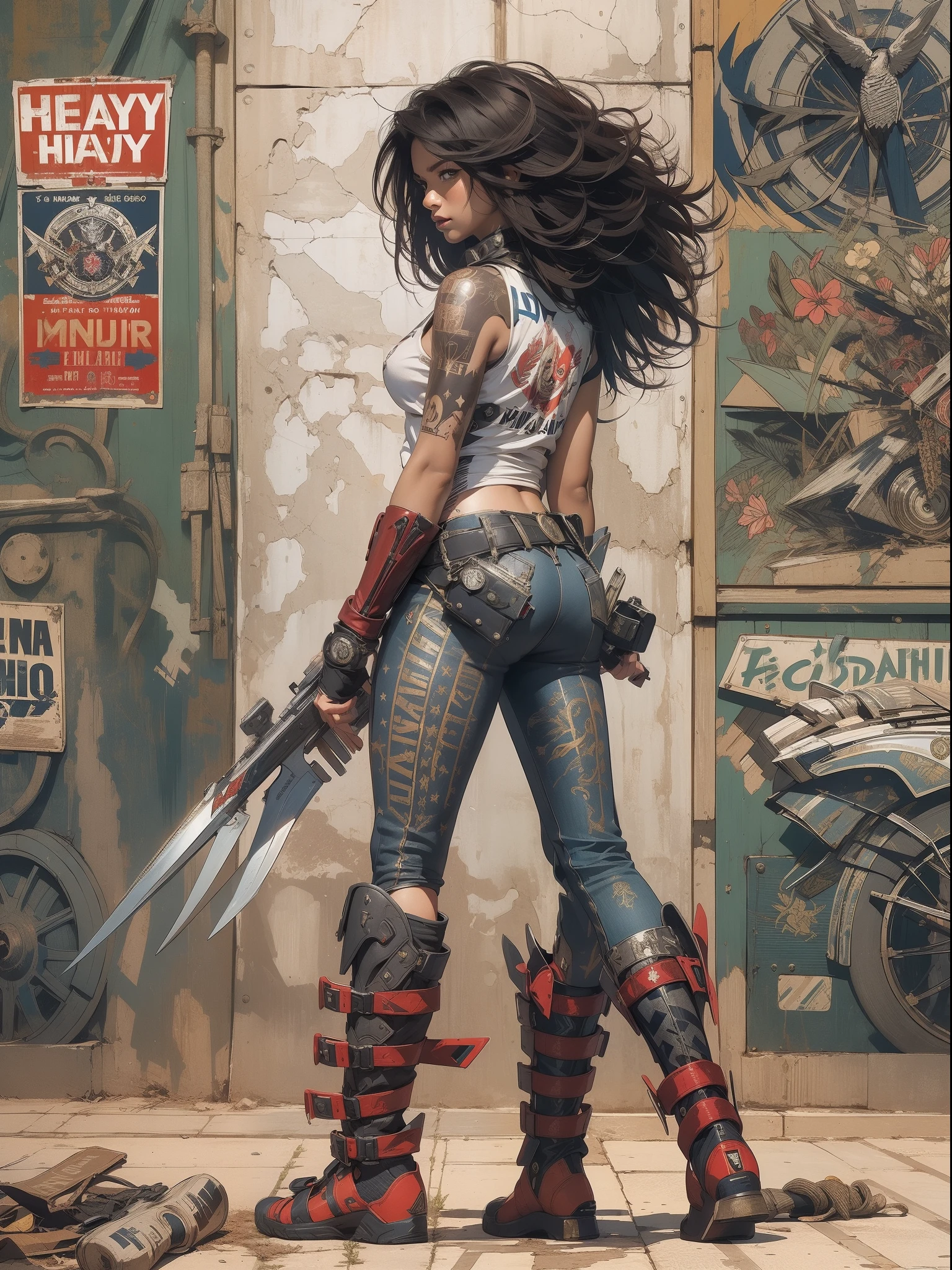 (((mulher))), (((melhor qualidade))), (((obra prima))), (((adulta))), Uma guerreira mulher de 35 anos musculosa corpo perfeito, She-Lobo, quase nua no estilo selvagem urbano de Simon Bisley para a capa da revista Heavy Metal, cabelo loiro, Minimum clothing, armadura (vermelho escuro com estrelas brancas), cheio de pontas e rebites manchadas de tinta, tatuagem de estrelas de 5 pontas, (((corpo inteiro))), cabelo preto curto com franja branca cobrindo a testa